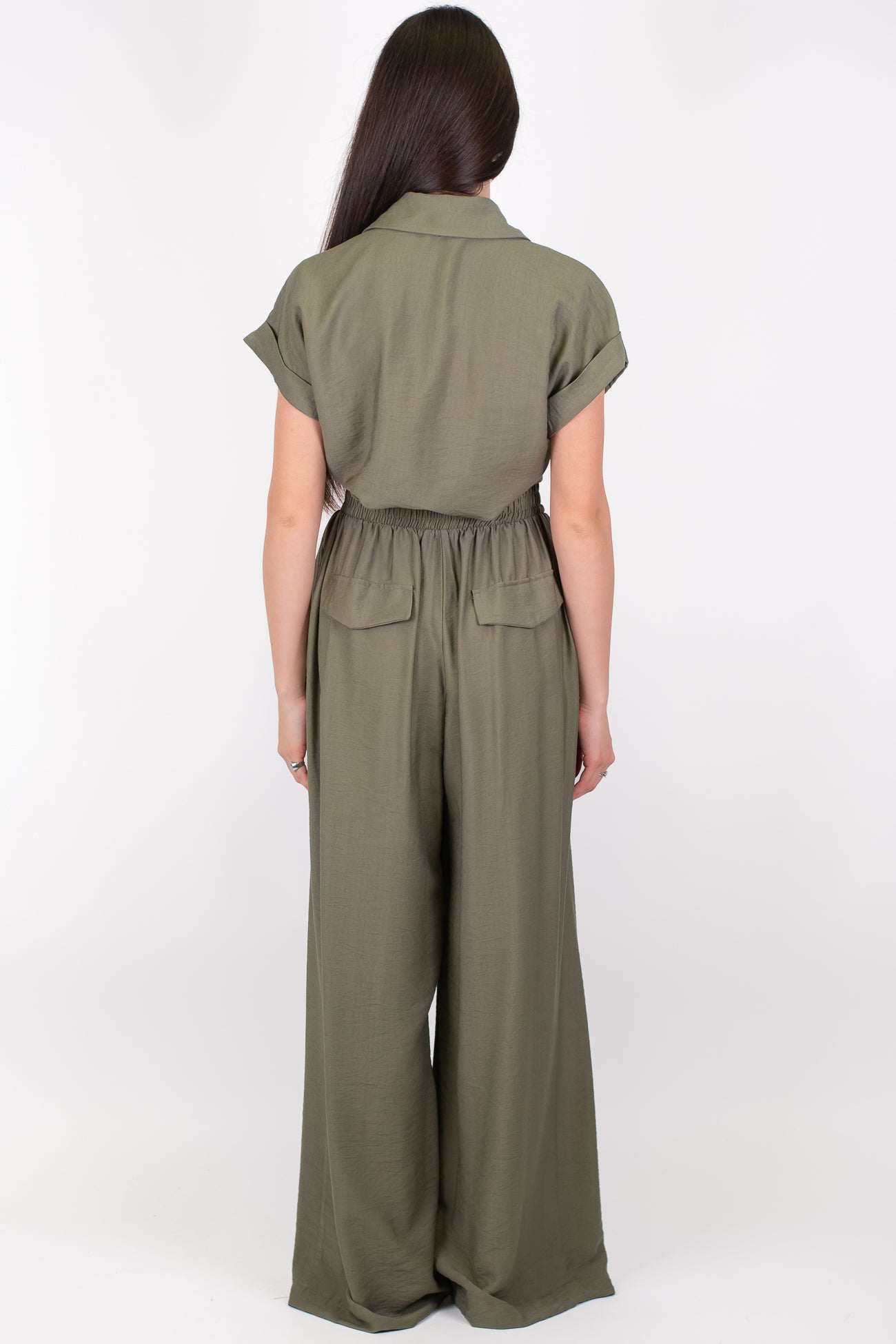 Dixie - Coordinato camicia mezzamanica e pantalone palazzo con elastico sul retro in viscosa leggera