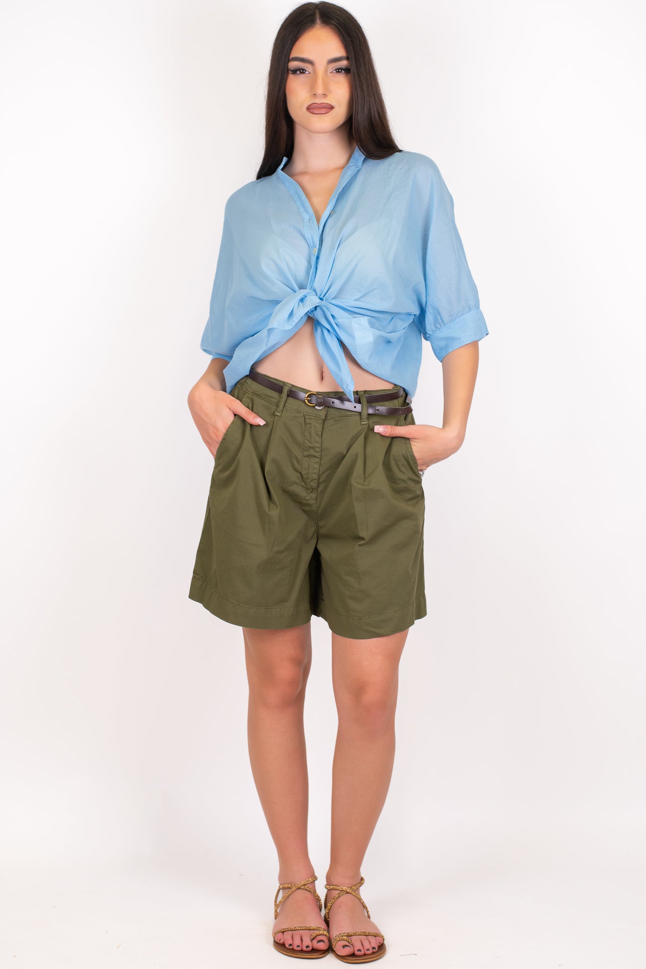 Dixie - Bermuda in cotone con pinces ed elastico sul retro