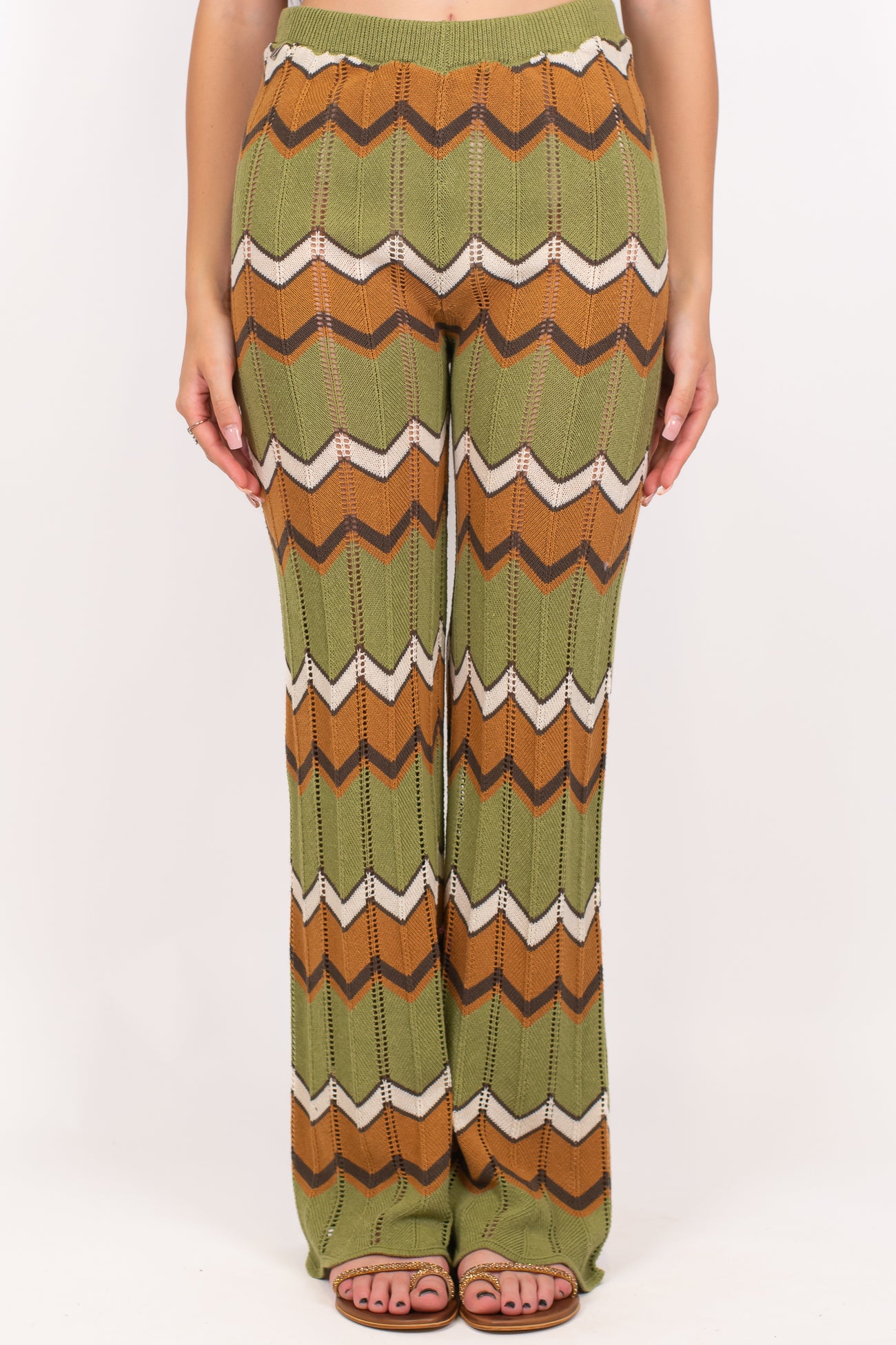 Dixie - Pantalone a zampa fantasia zig zag in maglia lavorata e traforata con elastico in vita