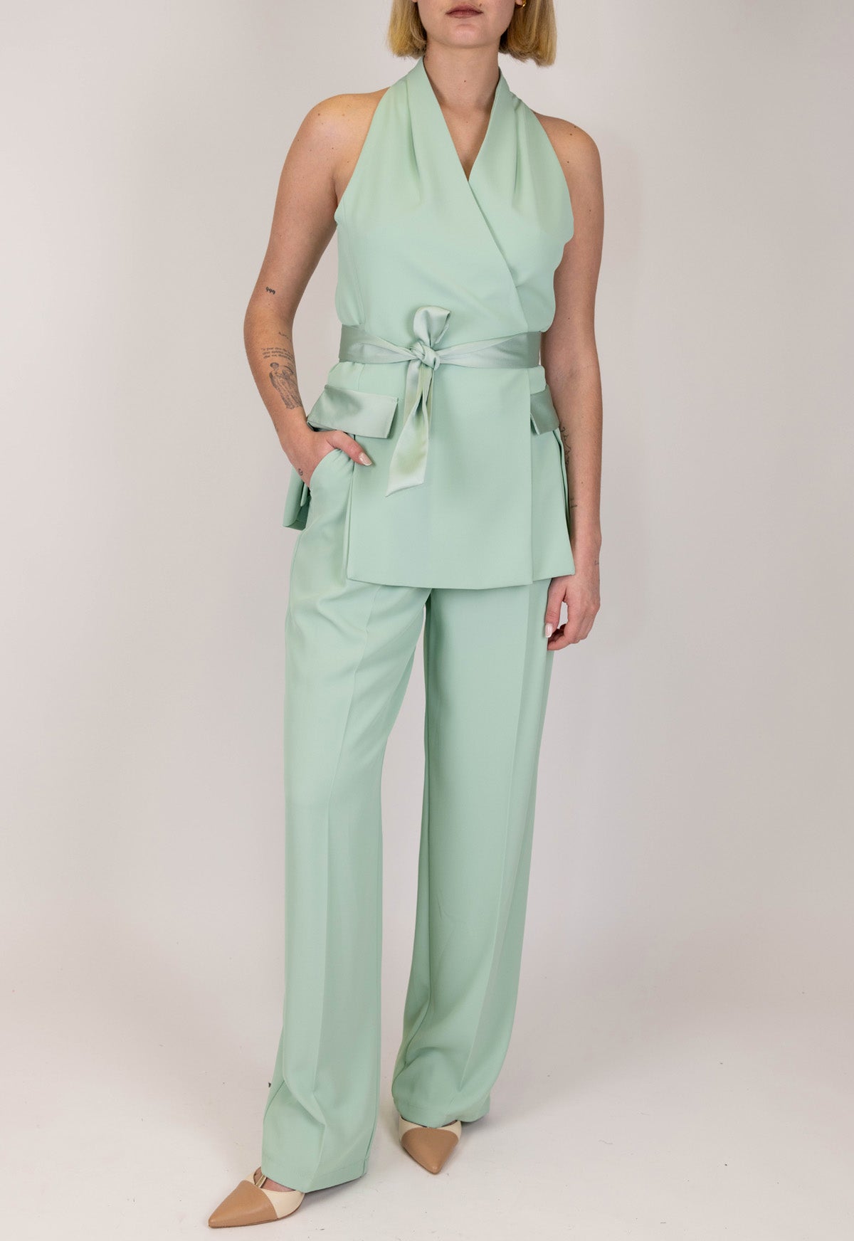 Imperial - Pantalone palazzo in tessuto fluido con pinces e profilo in raso