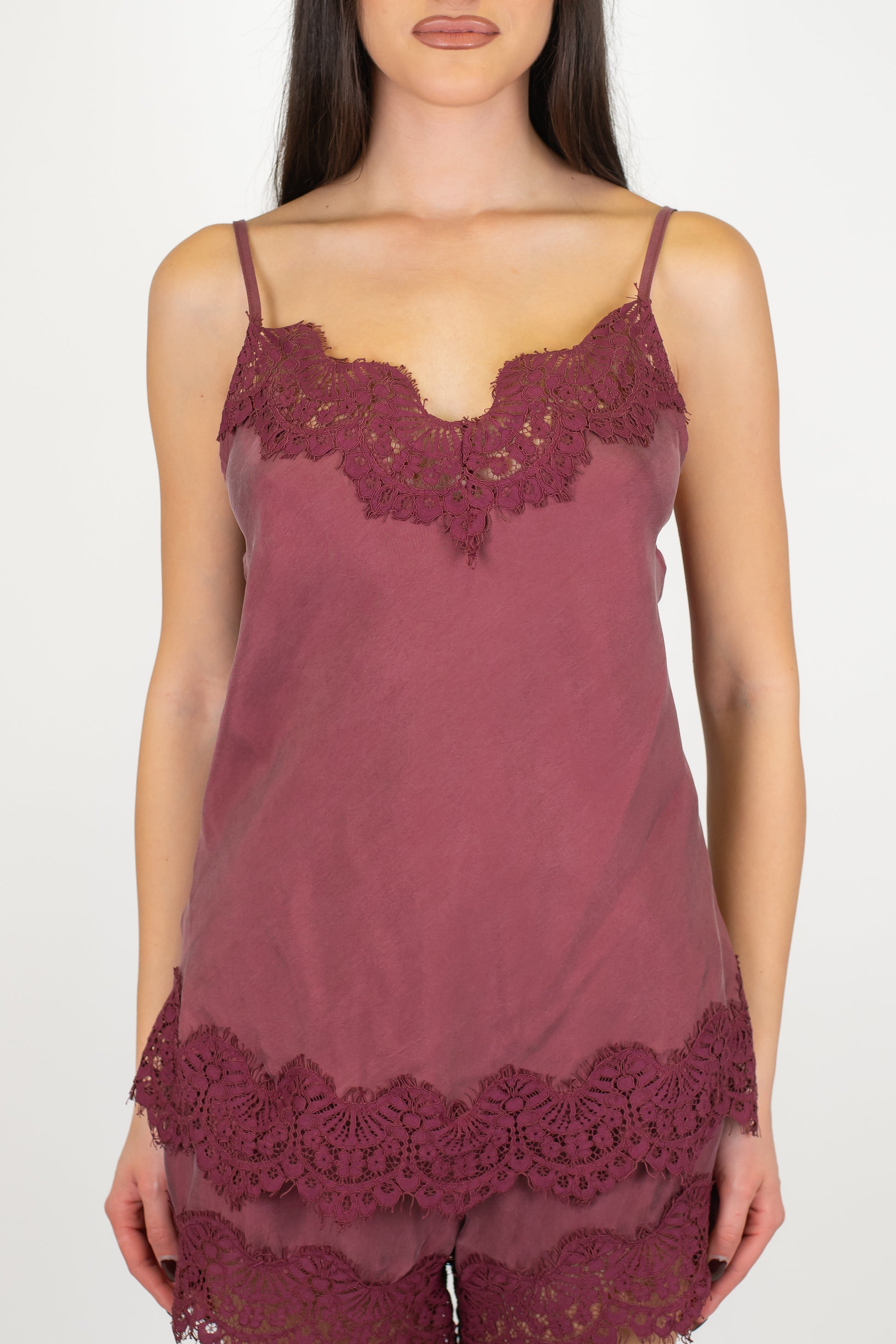 Tensione in - Top in cupro con dettagli in pizzo