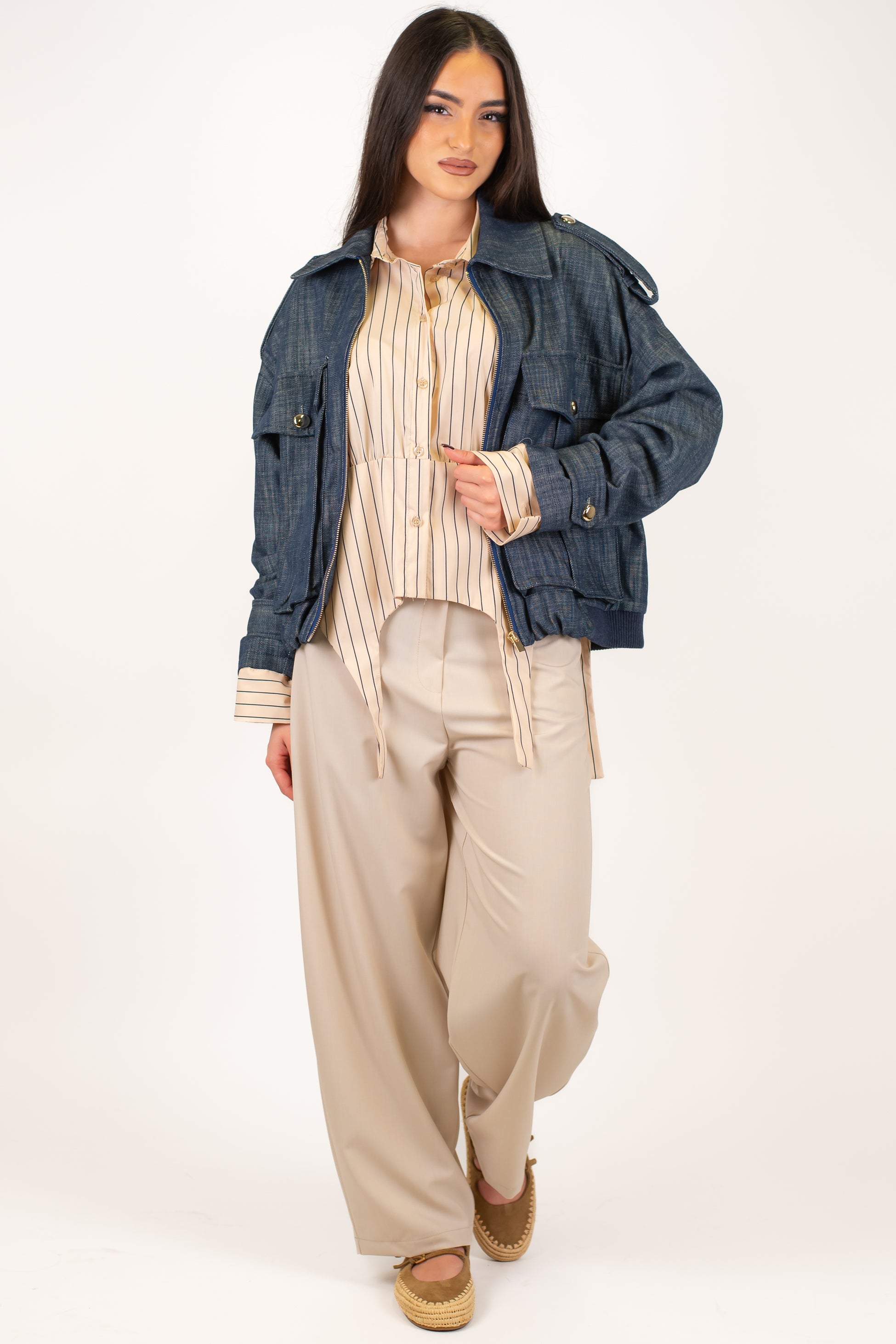 Haveone - Camicia over fantasia a righe con estensioni fronte-retro