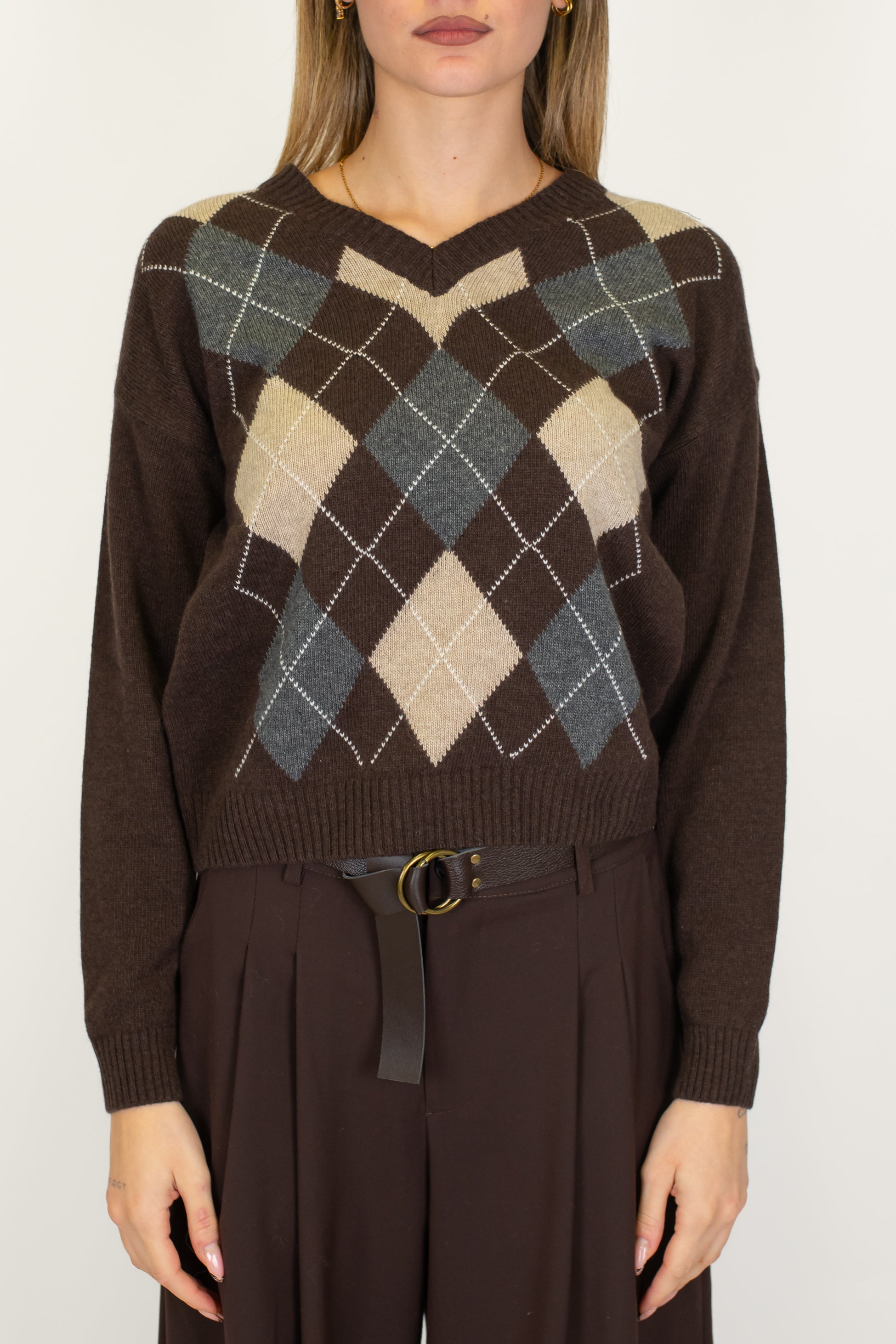 Tensione in - Maglia scollo V fantasia rombi a contrasto in misto lana e cashmere