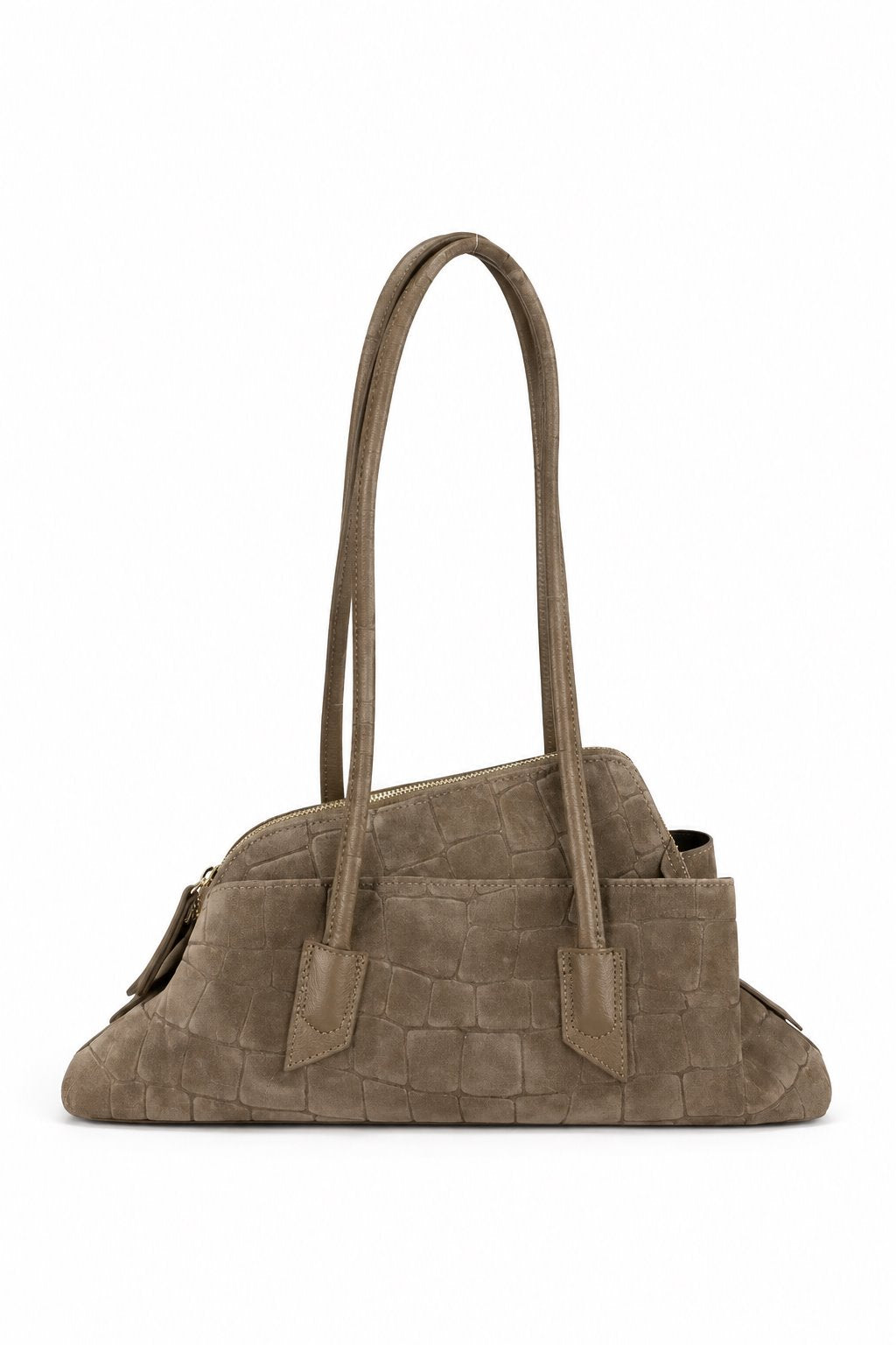 Borsa media trapezio in camoscio cocco con manici e tracolla