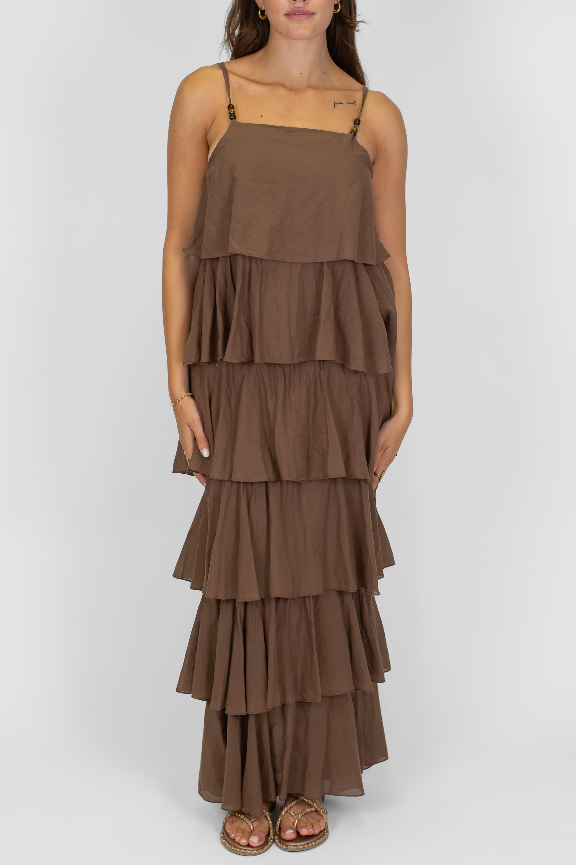 Motel - Abito lungo in mussola di cotone con bretelline e balze