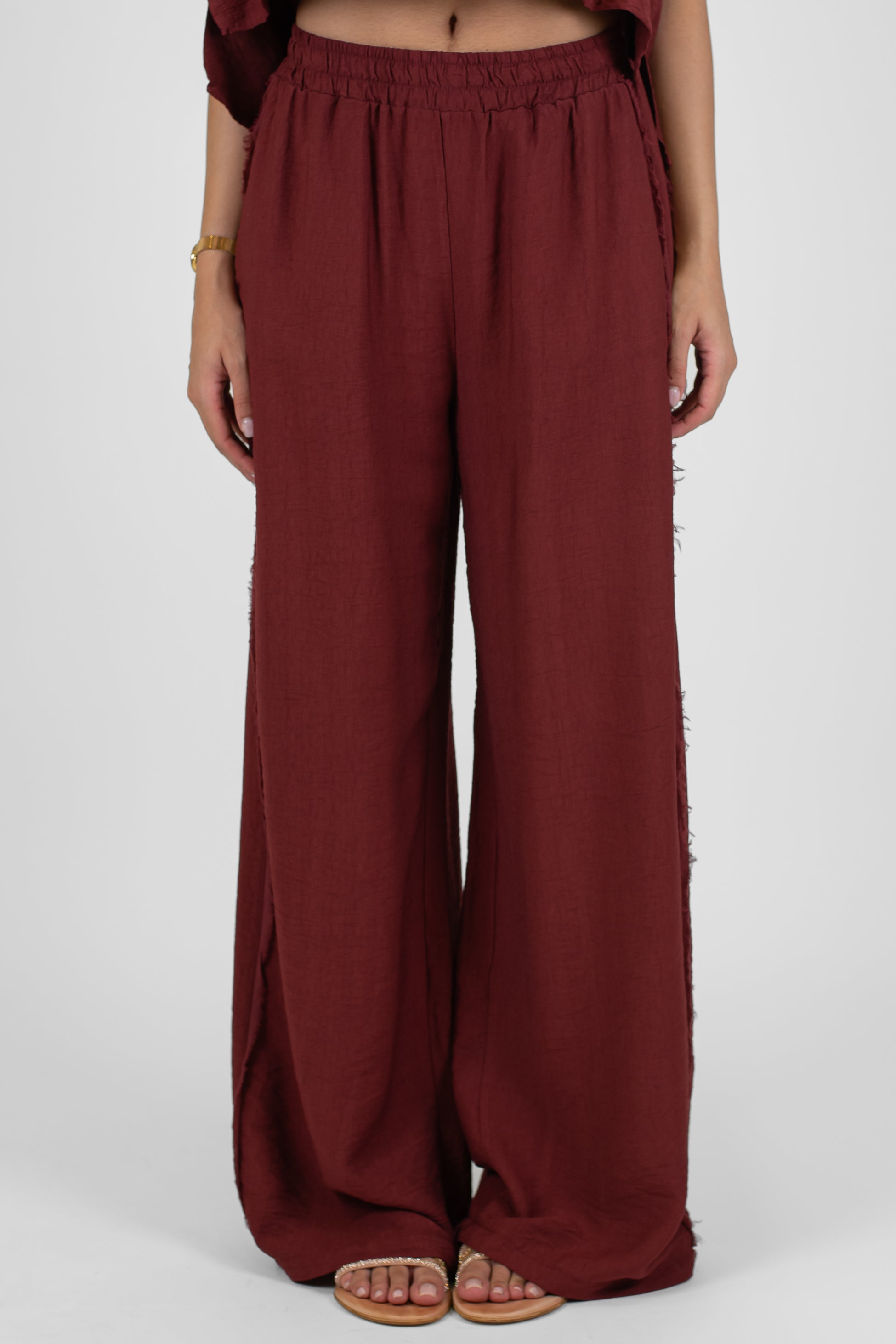 Tensione in - Pantalone palazzo in viscosa leggera con banda laterale sfrangiata ed elastico in vita