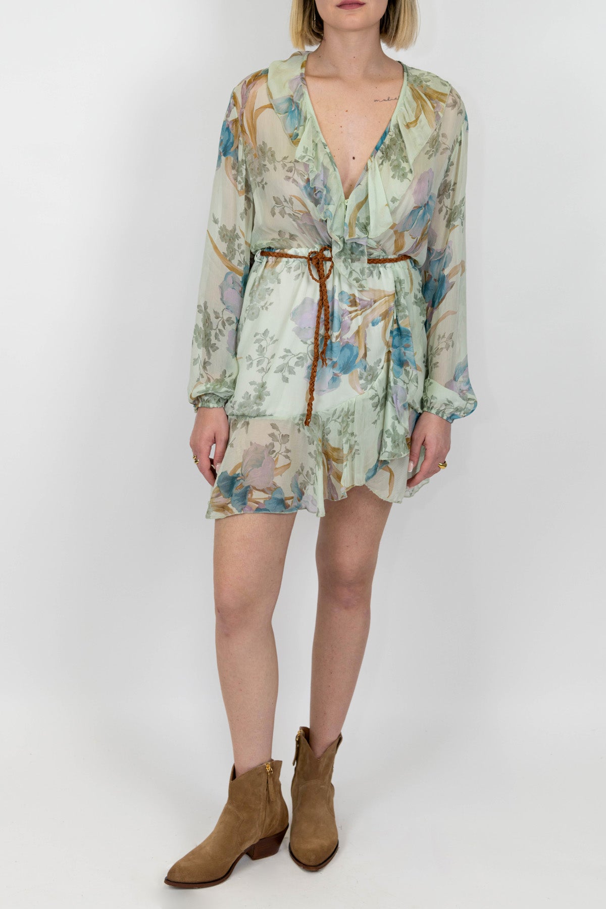 Dixie - Abito corto fantasia floreale in viscosa con rouches