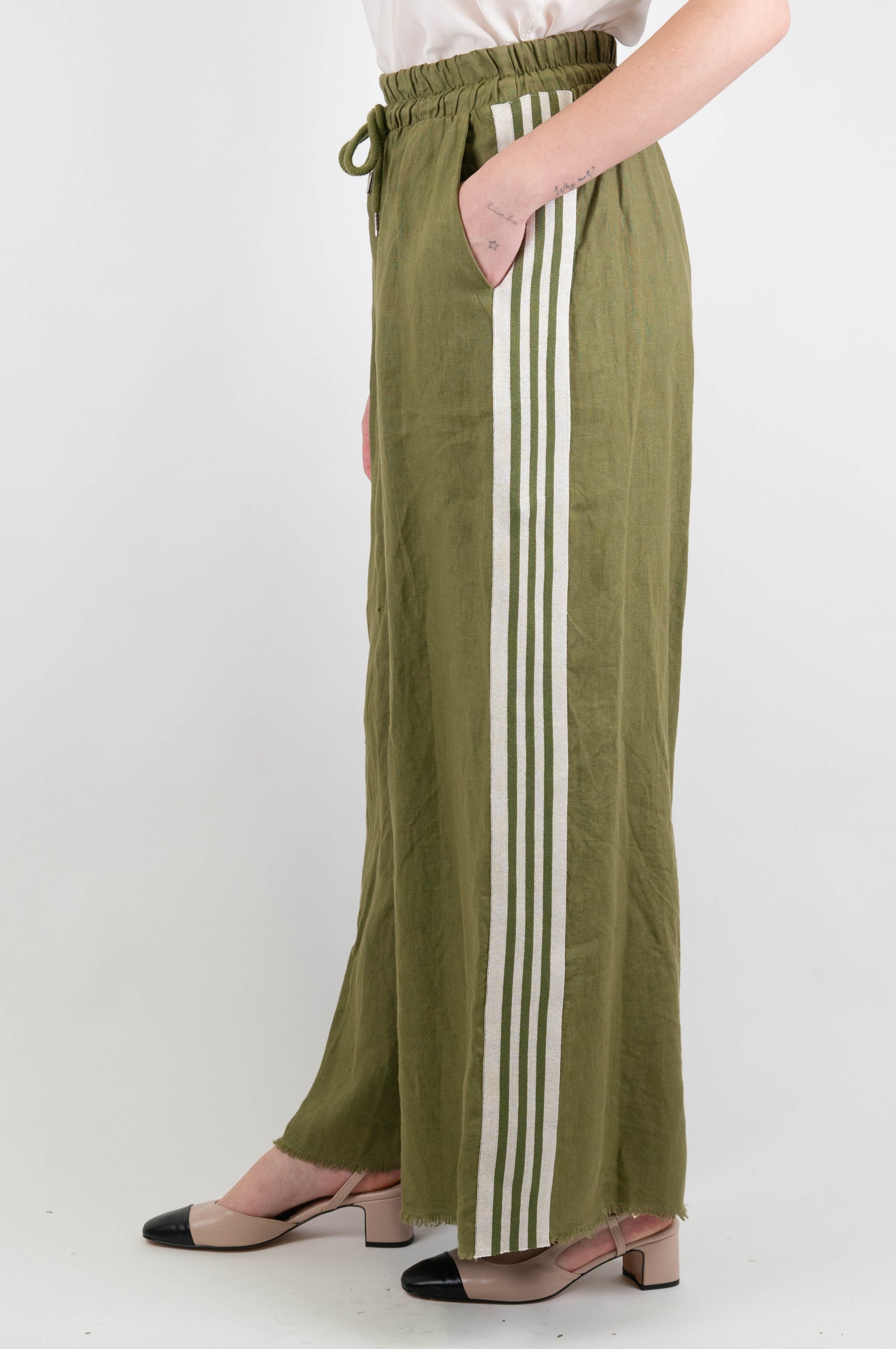 Motel - Pantalone palazzo in lino con coulisse e banda laterale