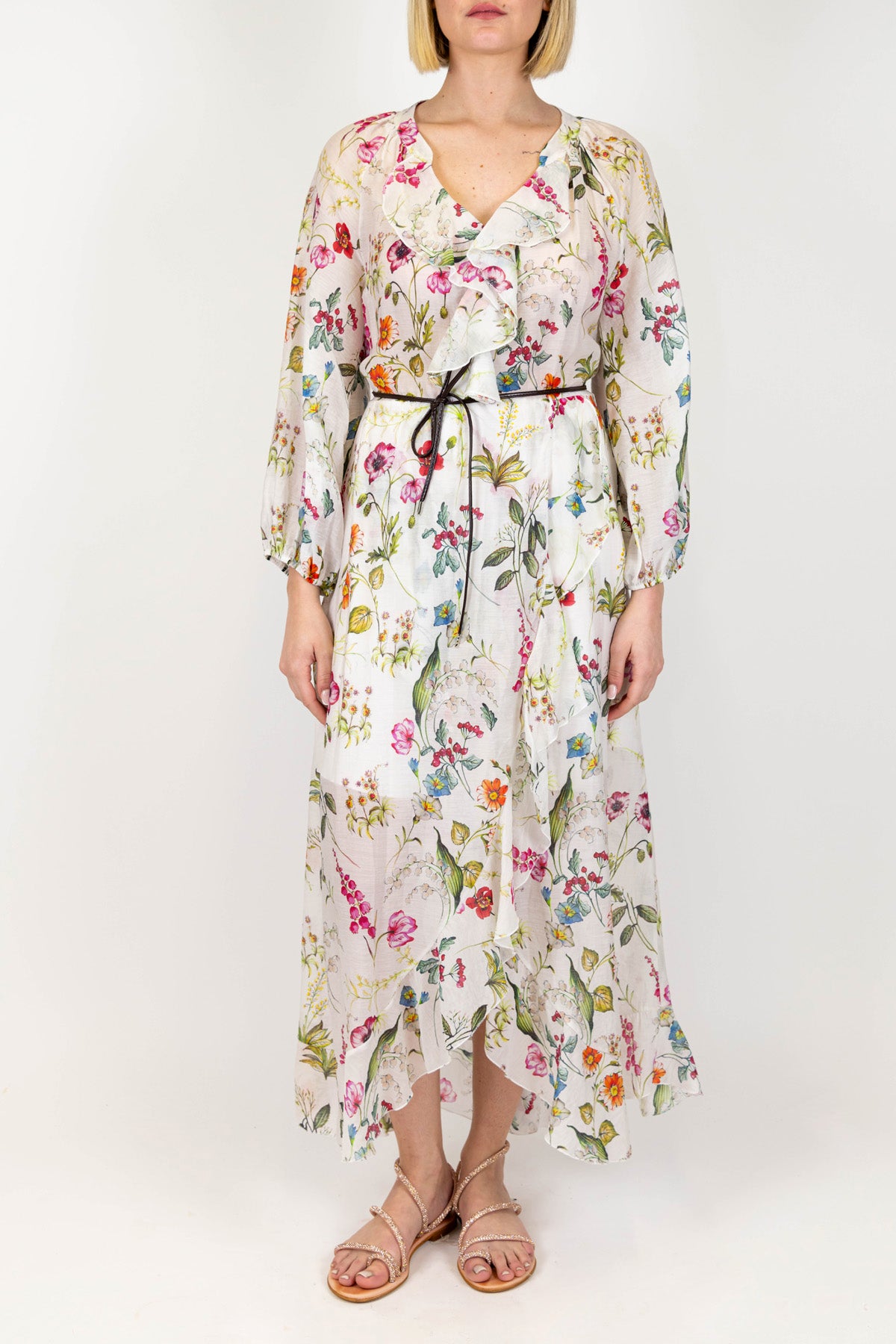 Tensione in - Abito lungo scollo a V fantasia floreale con rouches