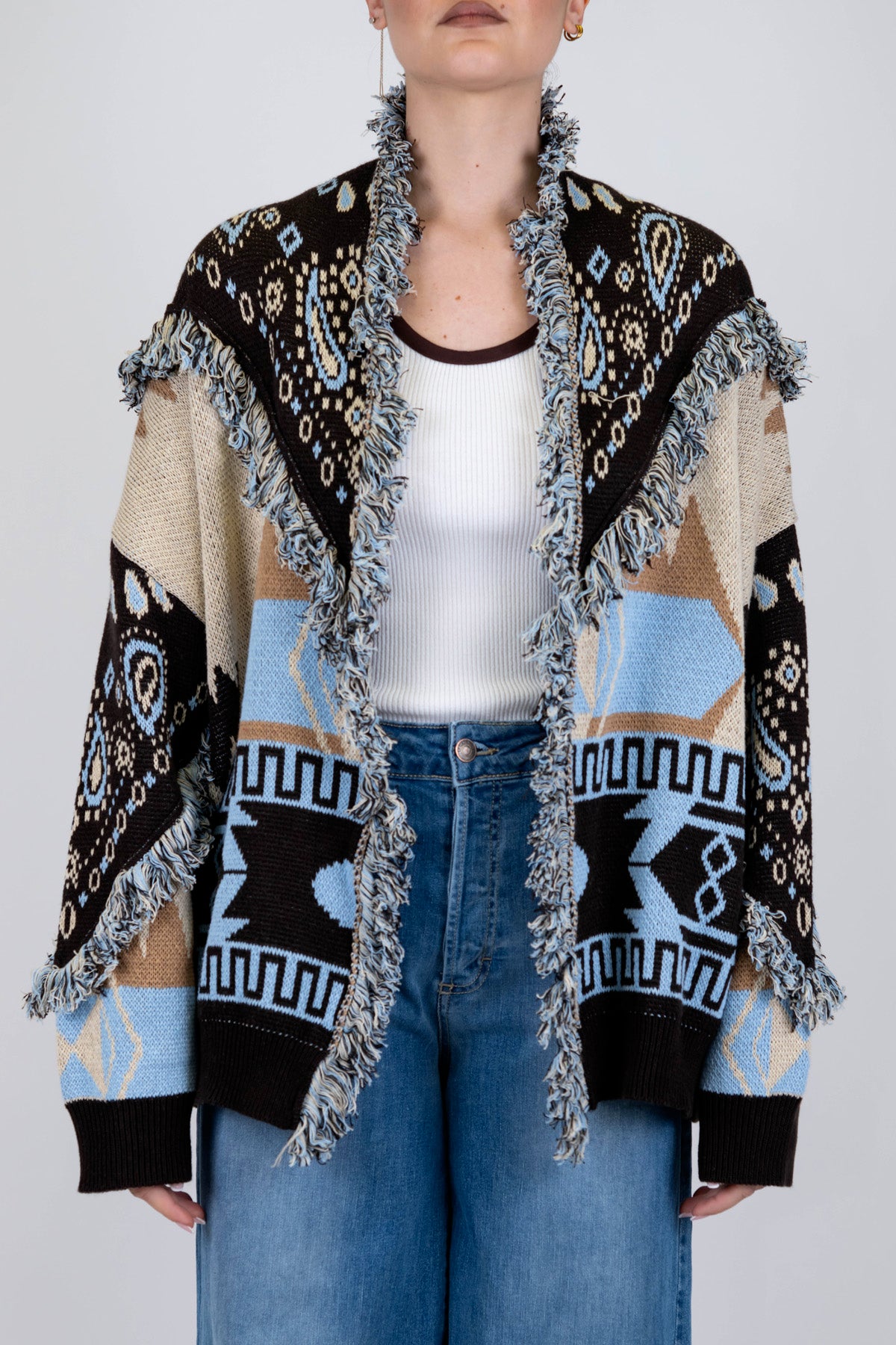 Tensione in - Cardigan fantasia astratta profilo con frange