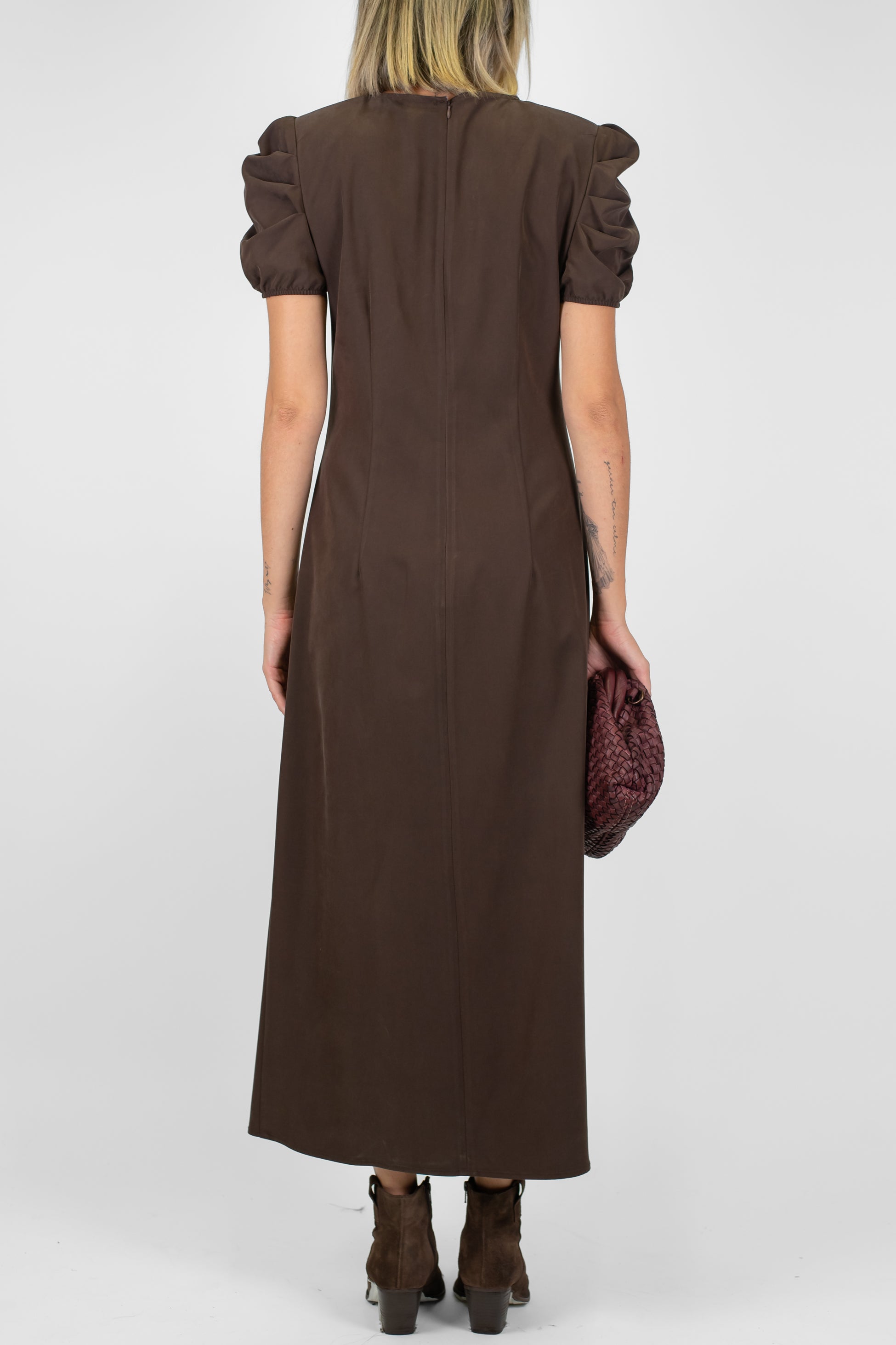 Maryley - Abito lungo in viscosa con drappeggio e manica a sbuffo