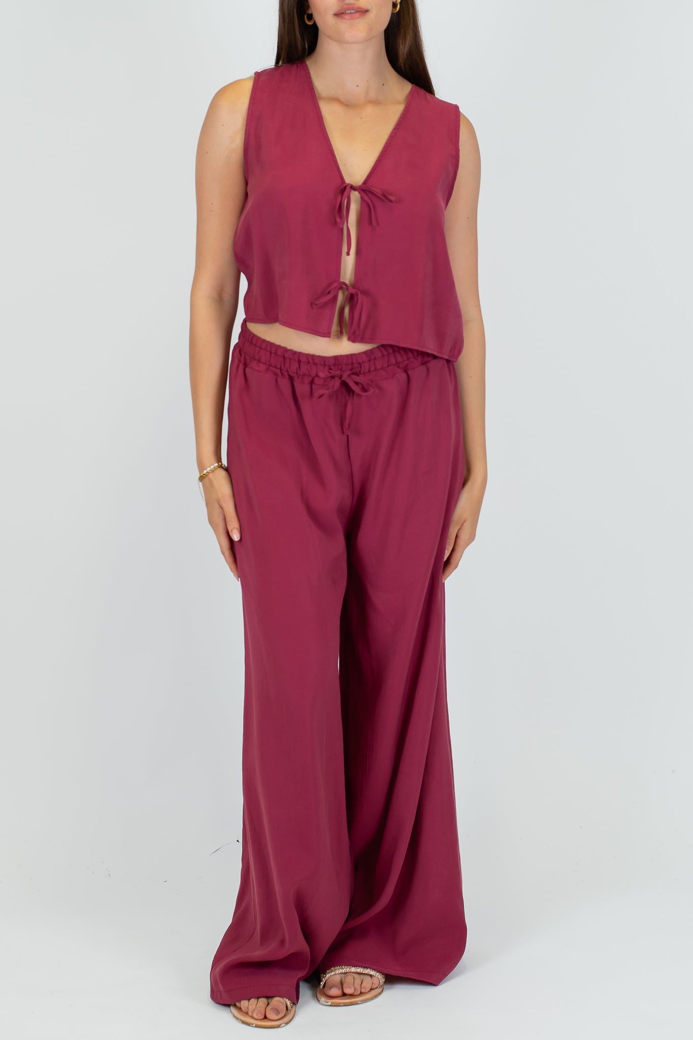 Haveone - Coordinato Gilet con lacci e pantalone palazzo in cupro