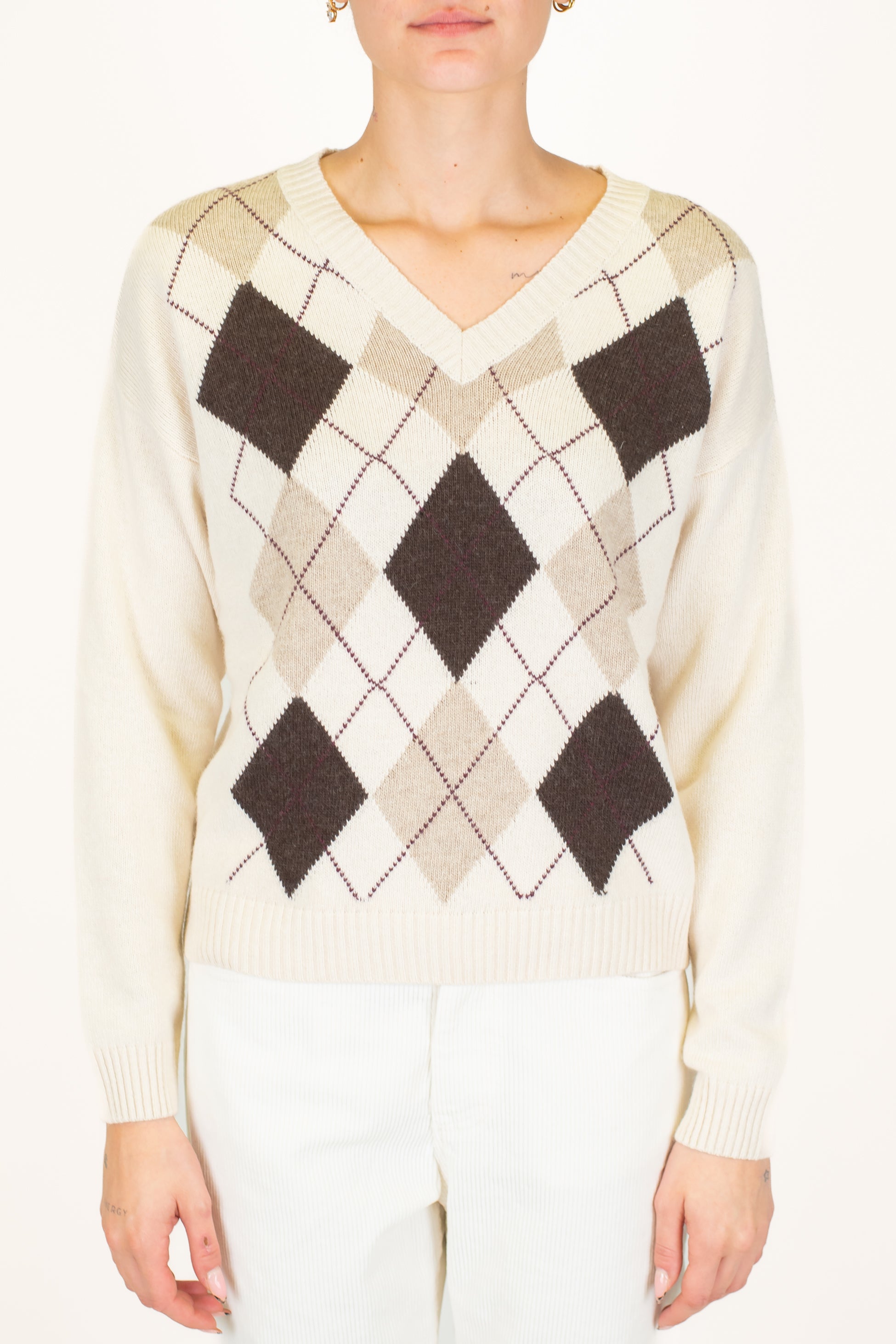 Tensione in - Maglia scollo V fantasia rombi a contrasto in misto lana e cashmere