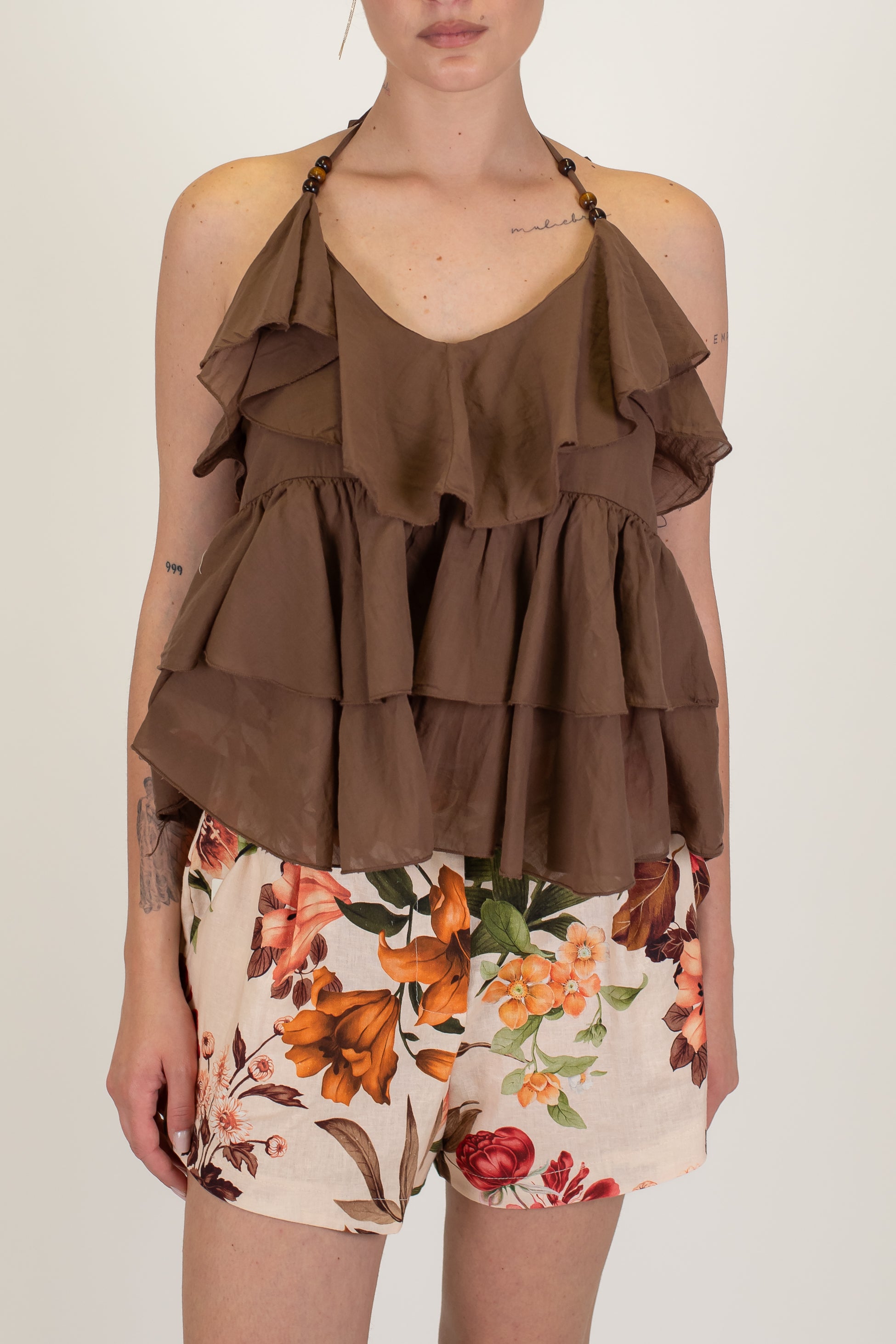 Motel - Top in mussola di cotone con volant e allaccio al collo