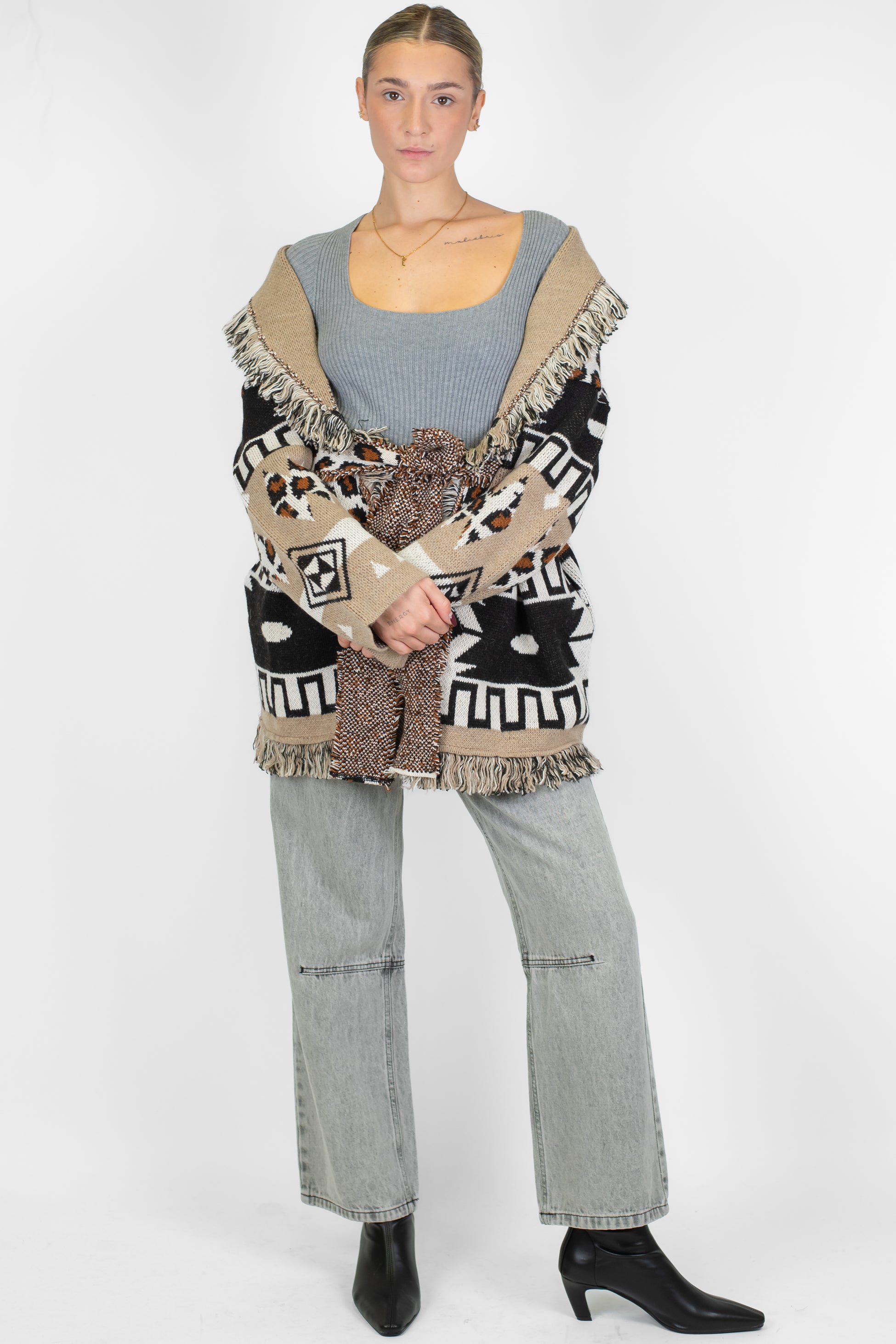 Motel - Cardigan in misto lana fantasia astratta con frange