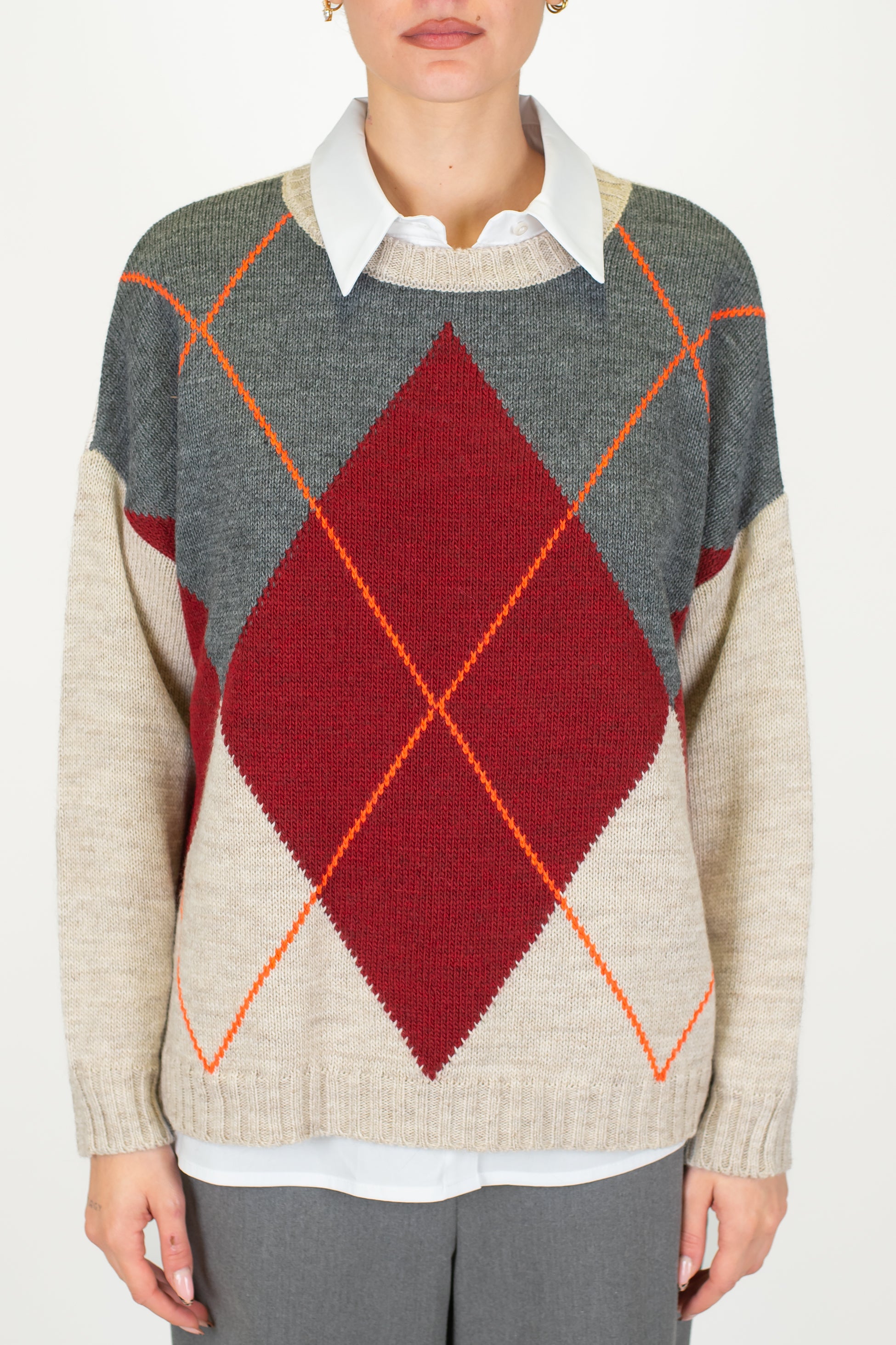 Haveone - Maglia girocollo in misto lana fantasia rombi