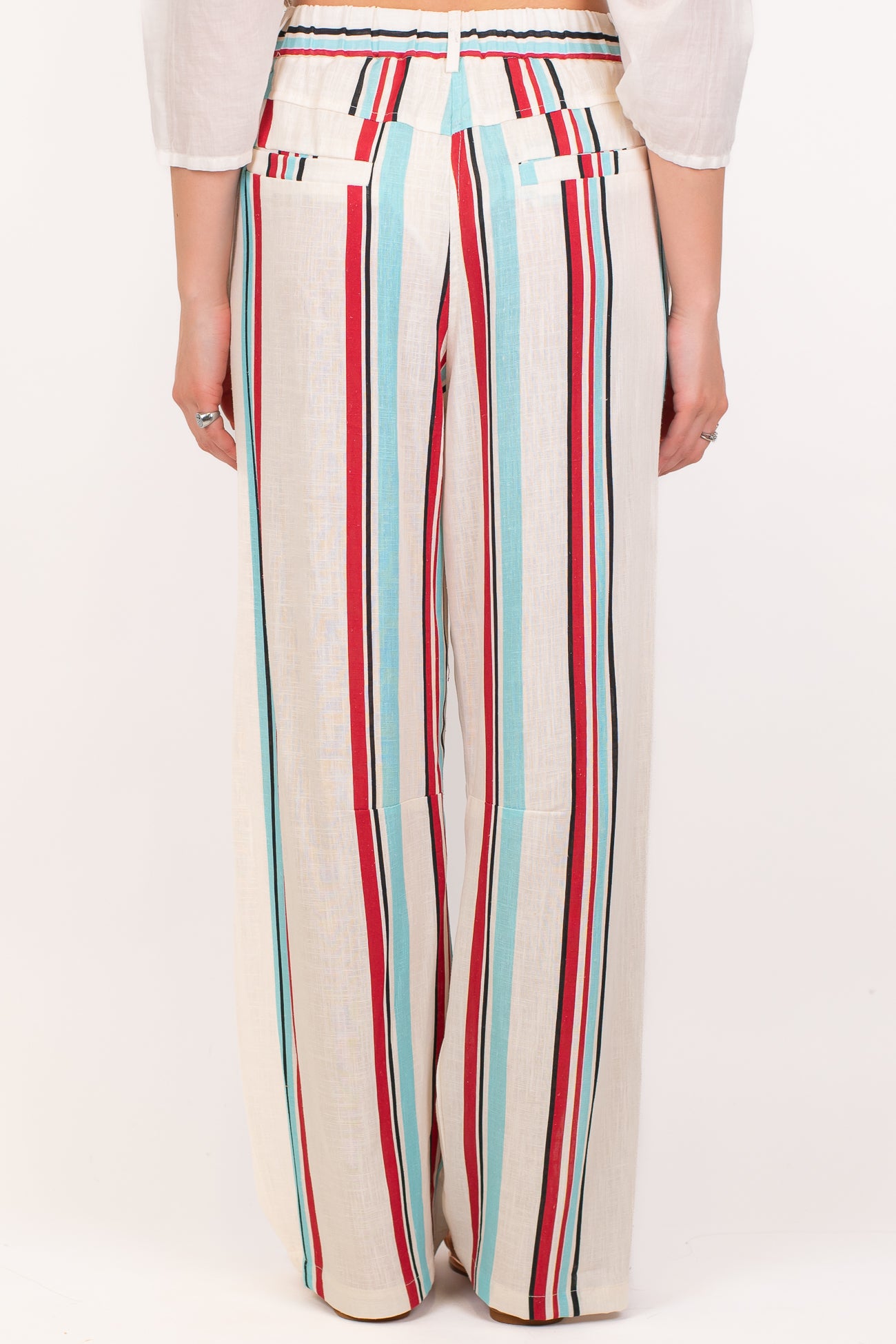 Tensione in - Pantalone regular fantasia righe a contrasto in misto lino con elastico in vita