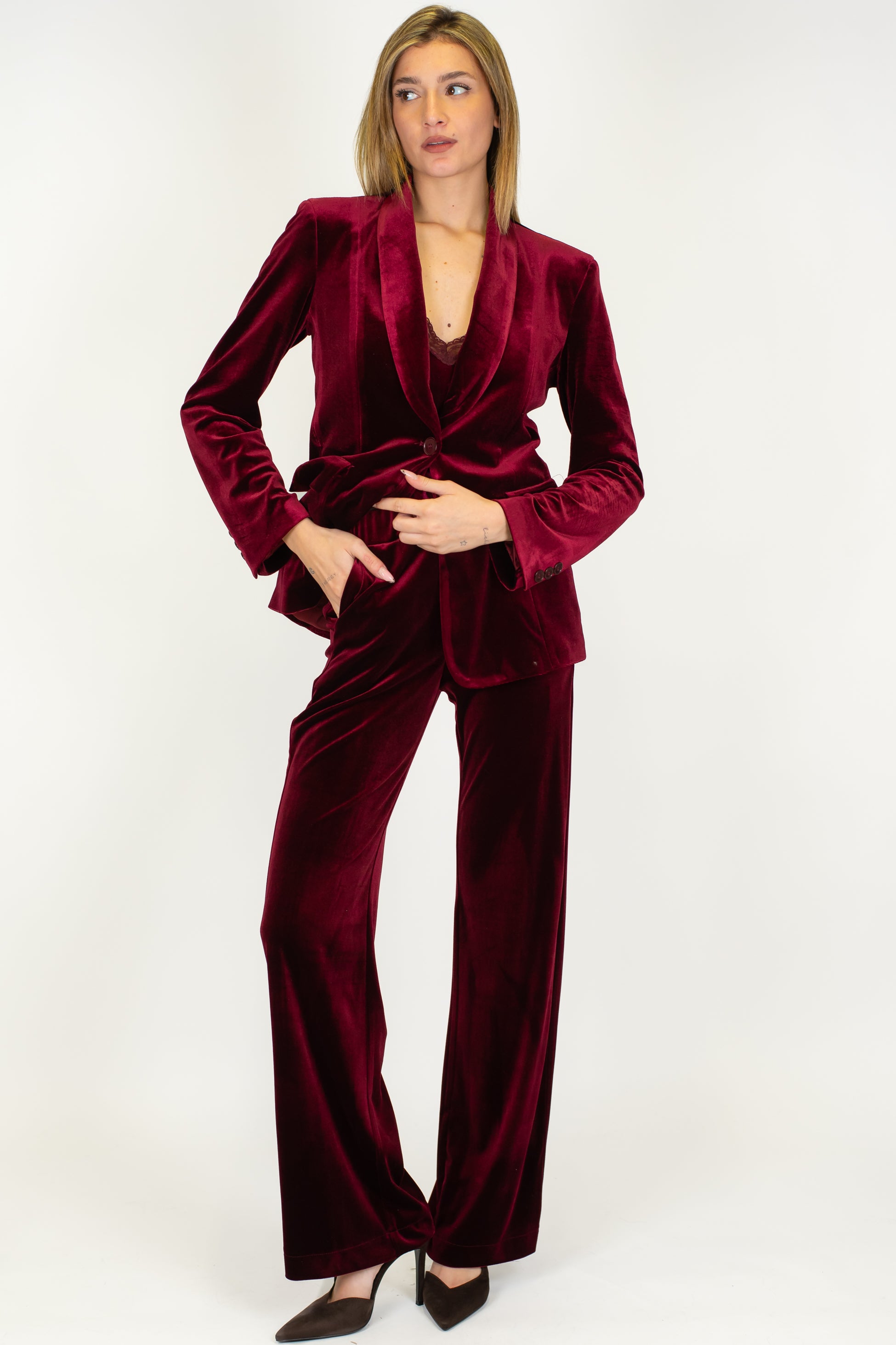 Maryley - Tailleur giacca con collo sciallato e pantalone palazzo in velluto con elastico in vita