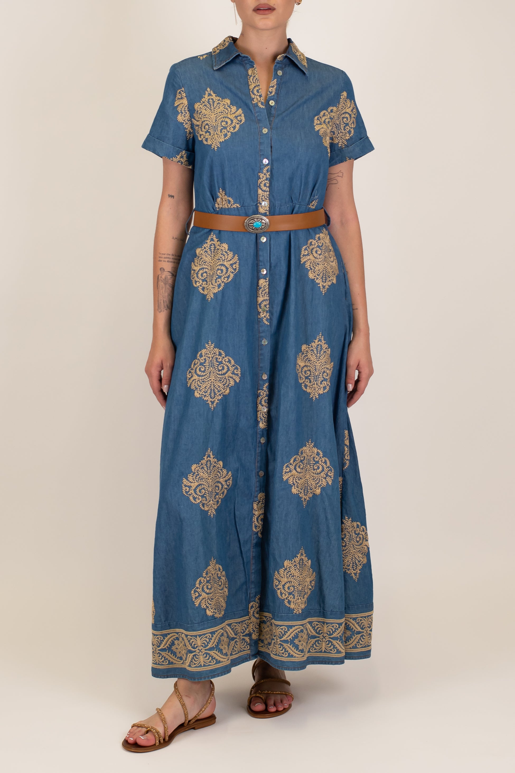 Motel - Chemisier in chambray con ricami a contrasto