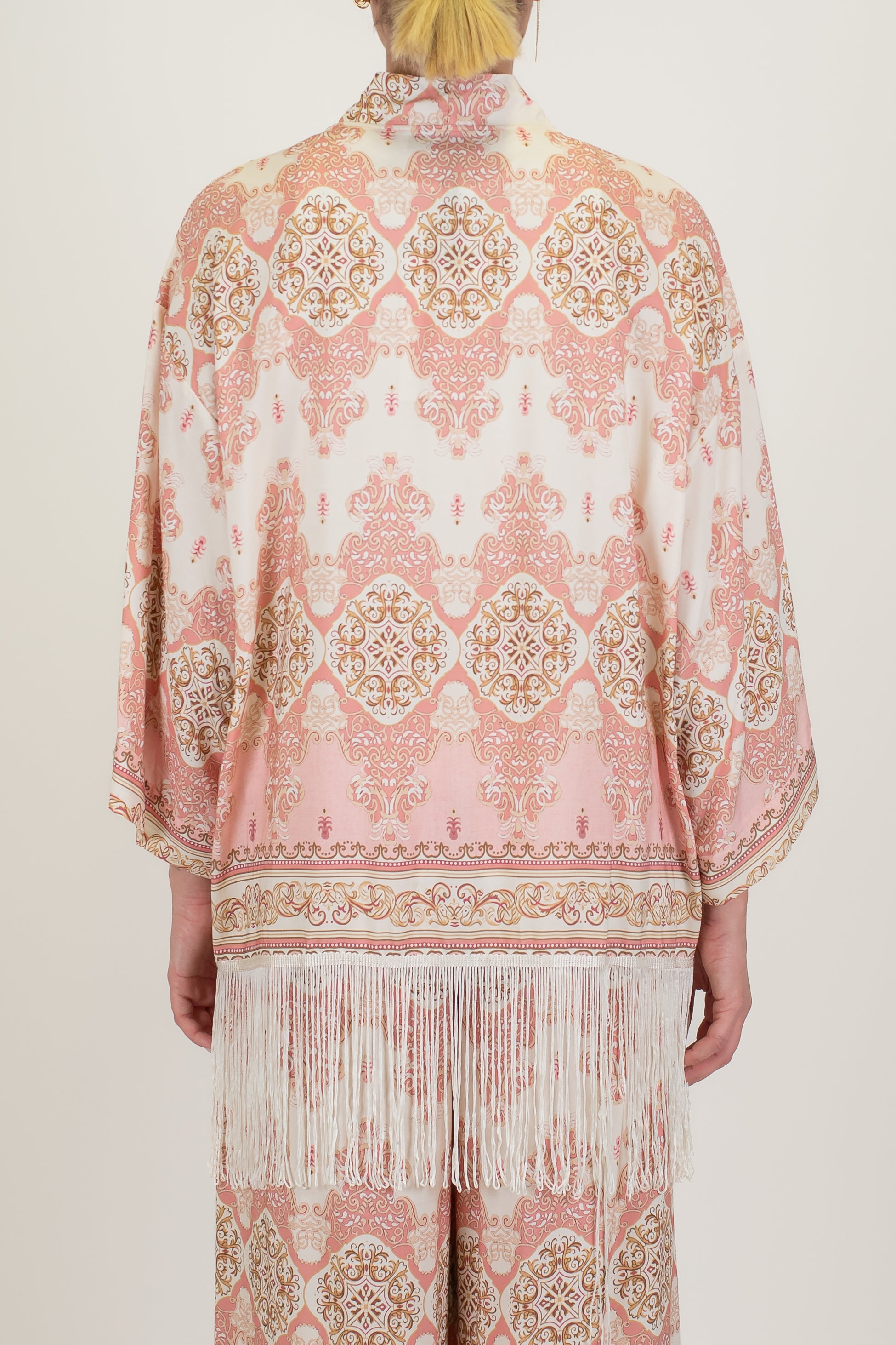 Haveone - Kimono aperto fantasia astratta in viscosa con frange sul fondo