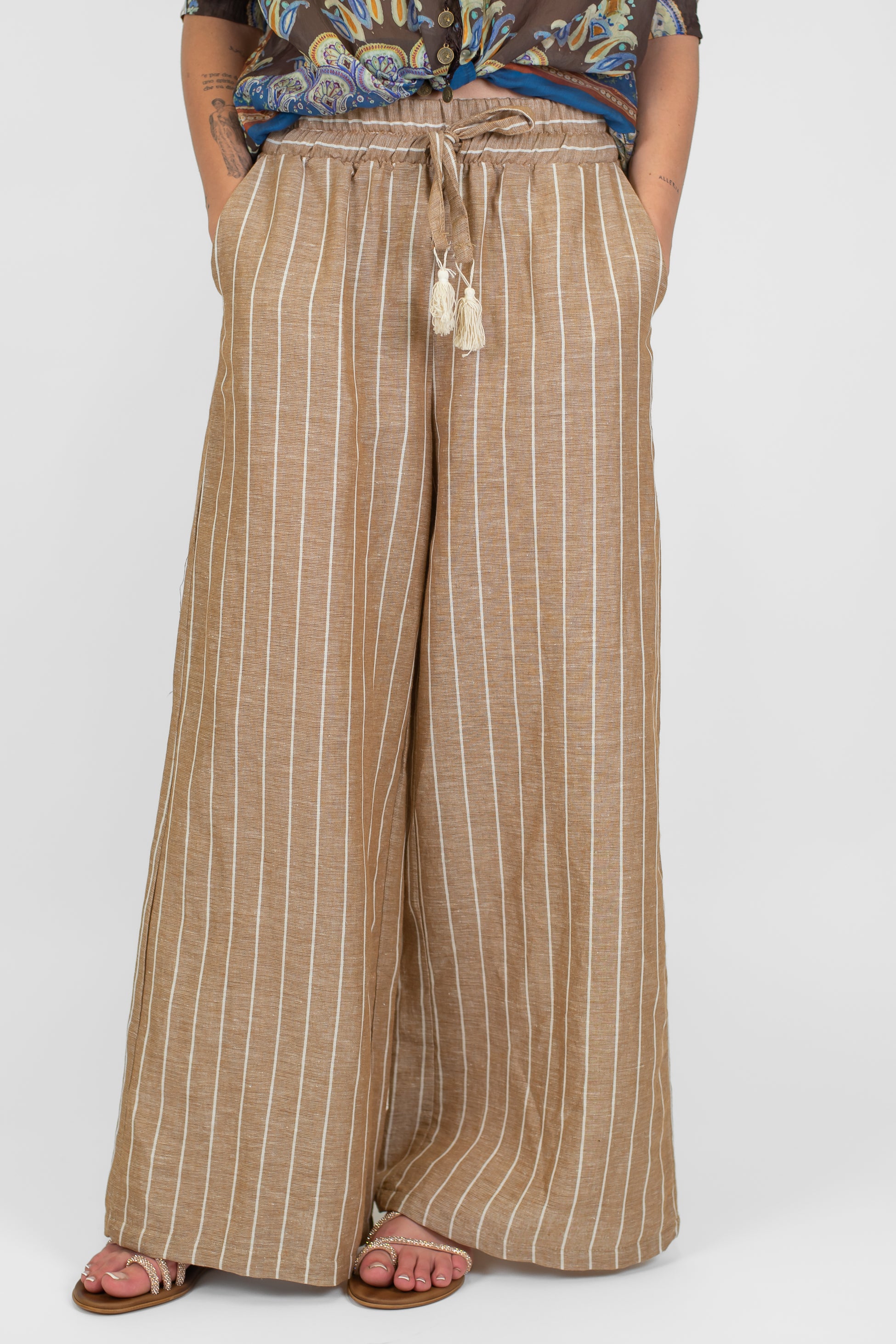 Motel - Pantalone palazzo gessato in misto lino con coulisse