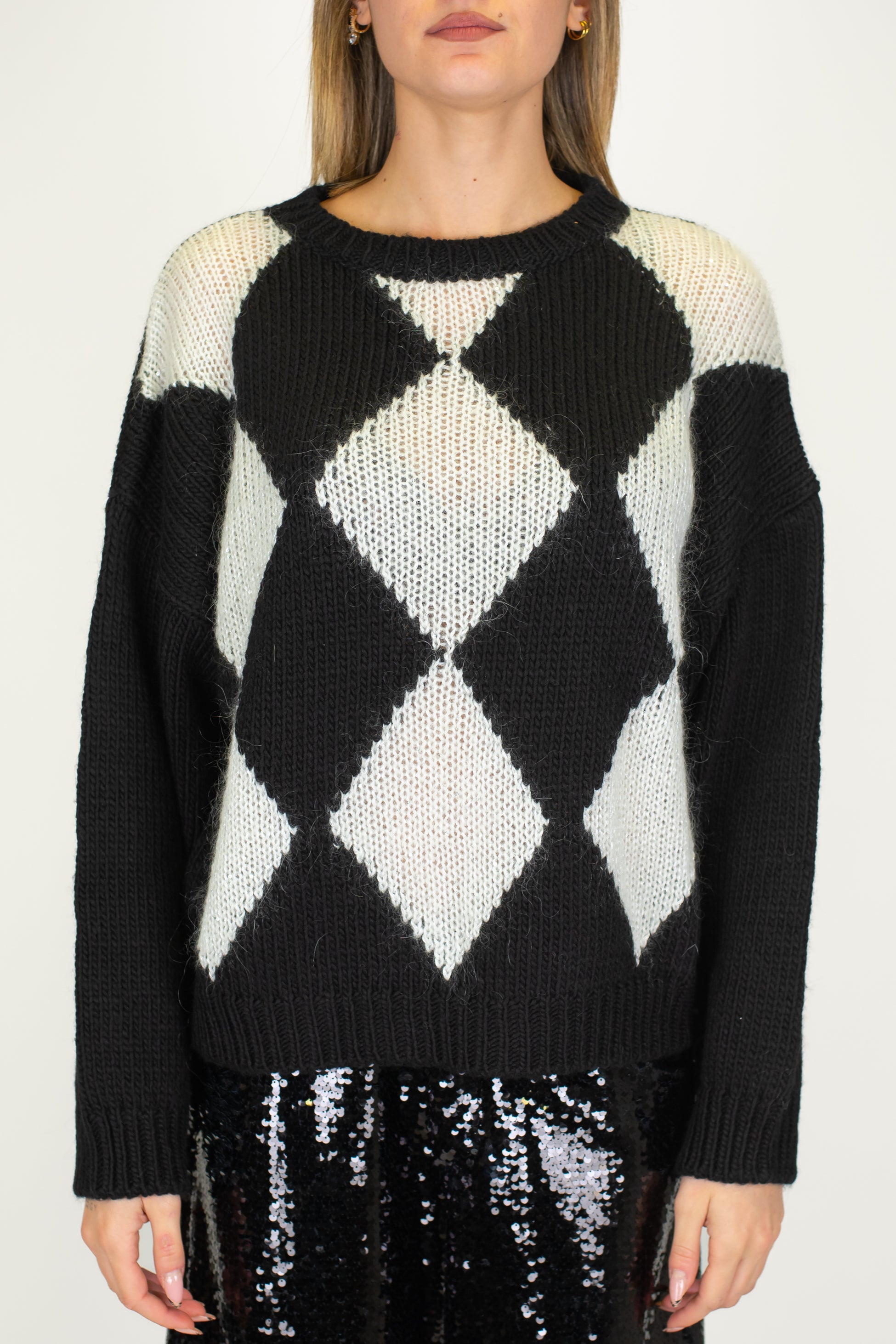 Motel - Maglia over fantasia rombi a contrasto in misto lana con paillettes