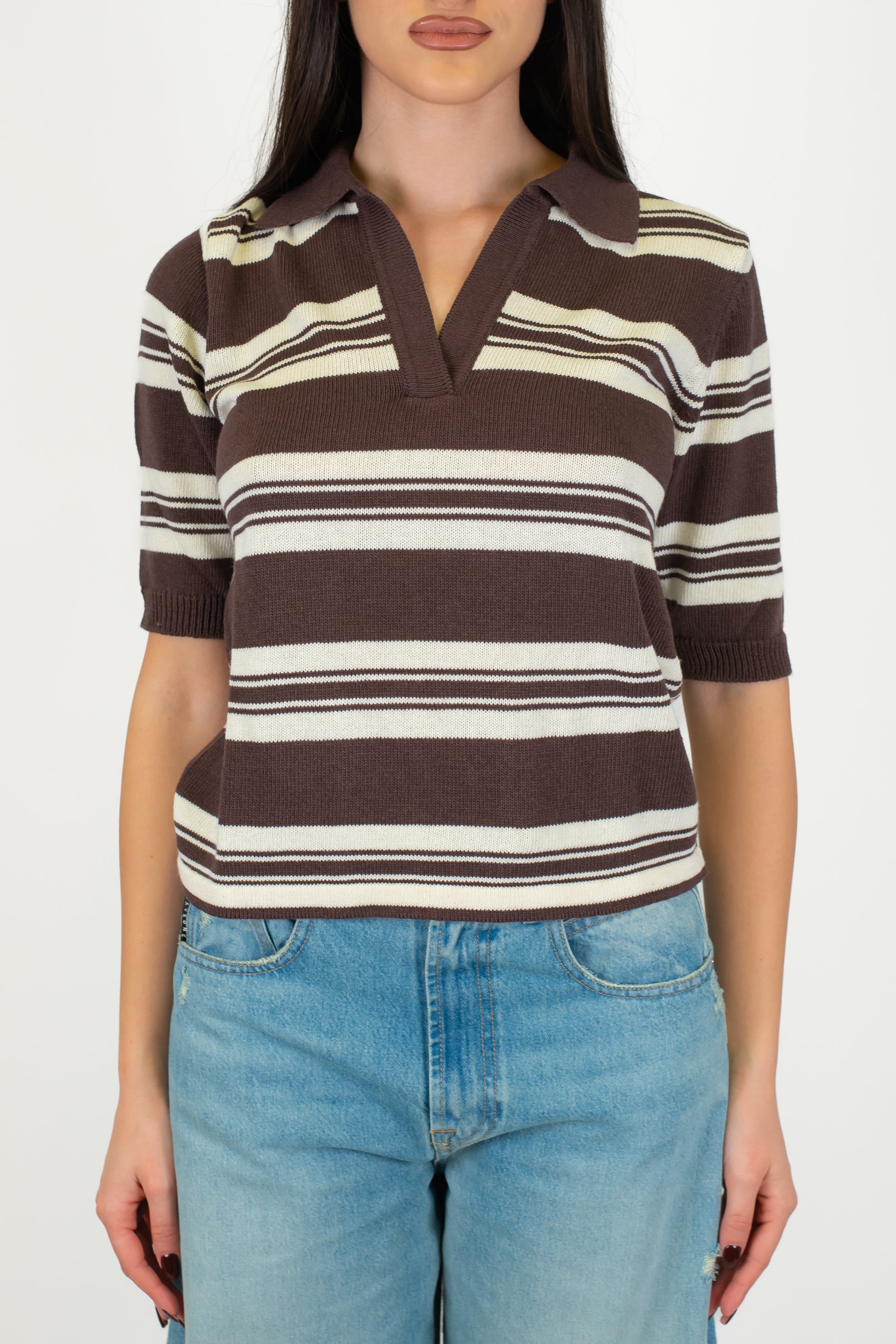 Maryley - Polo in maglia fantasia a righe con scollo a V