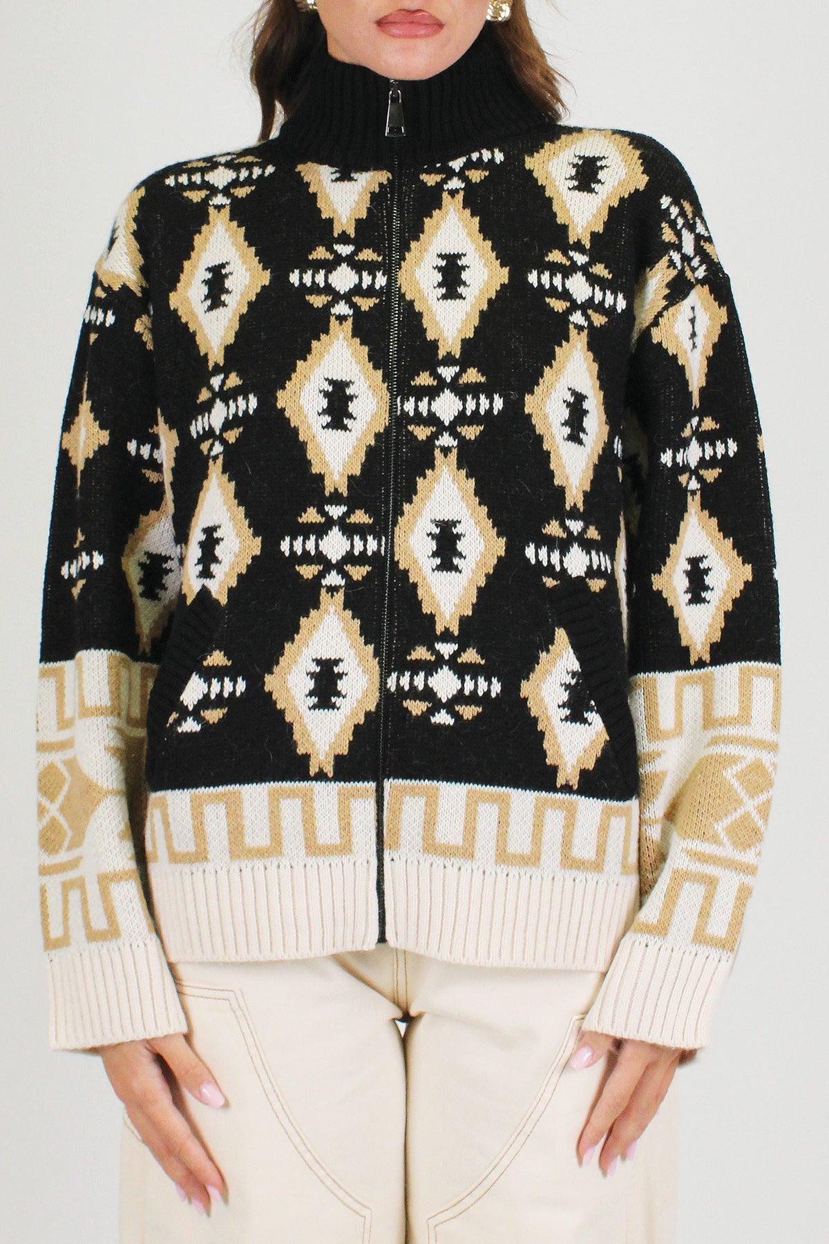 Tensione in - Cardigan fantasia etnica in misto lana con collo alto e chiusurza zip