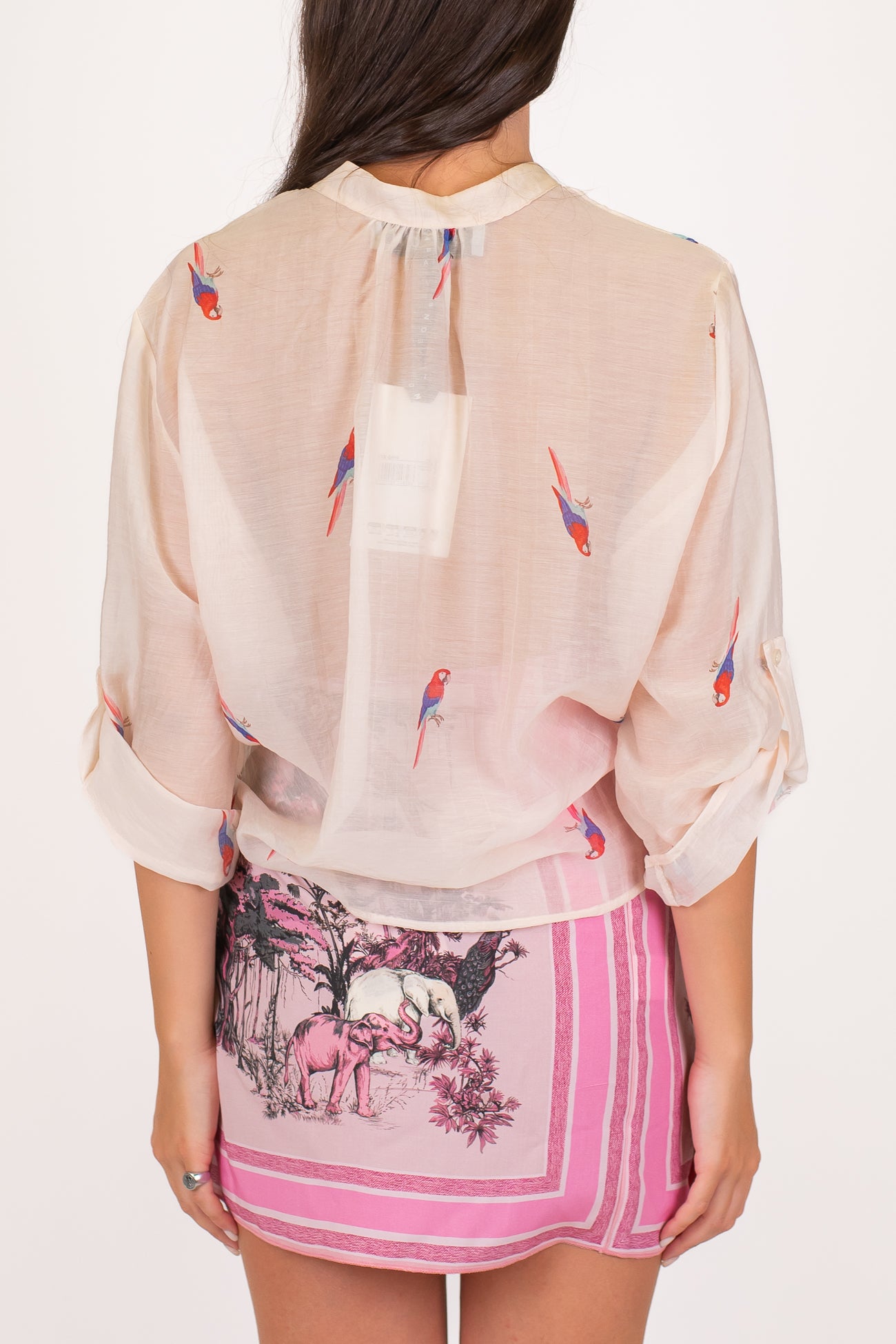 Haveone - Camicia fantasia pappagallini in lyocell con collo coreano e manica tre quarti