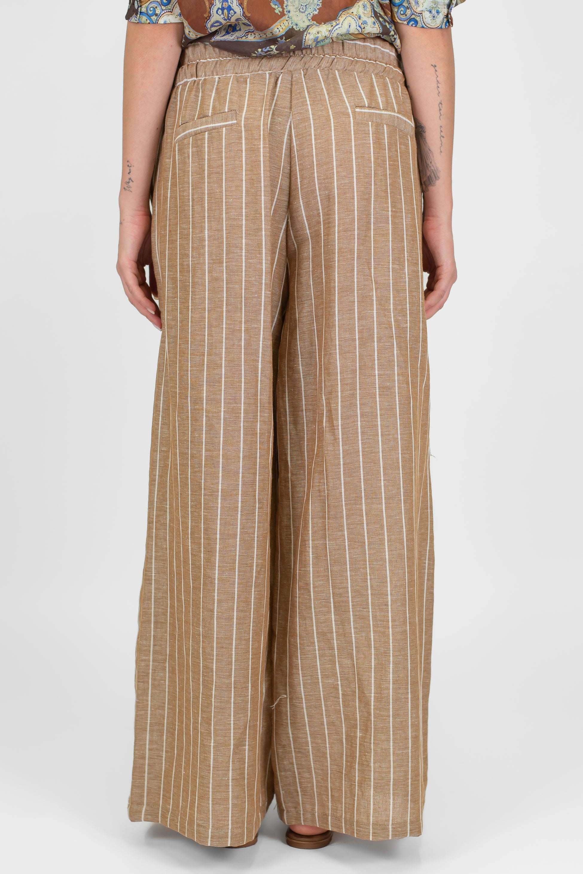 Motel - Pantalone palazzo gessato in misto lino con coulisse