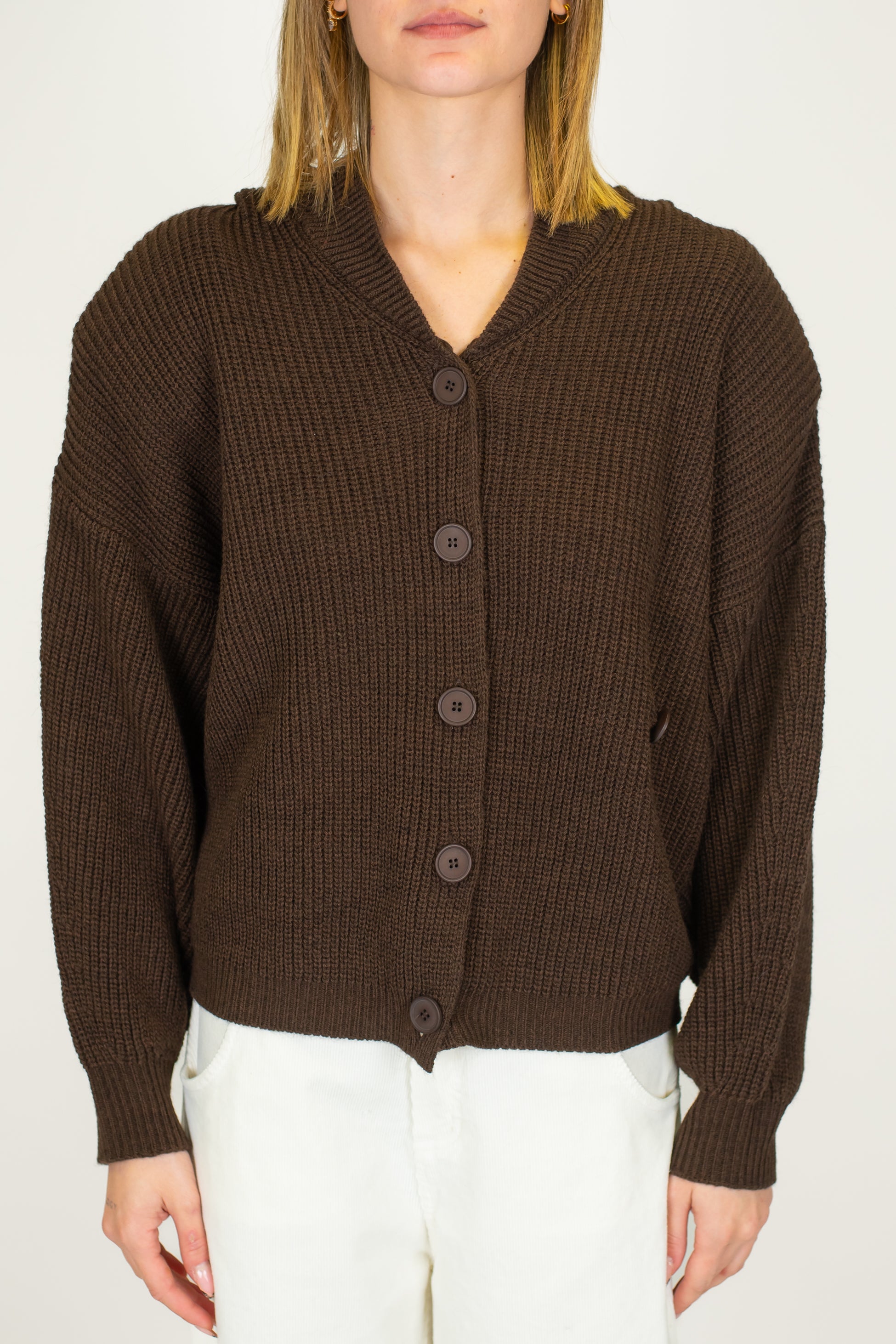 Haveone - Cardigan a costine in misto lana con spalline e cappuccio