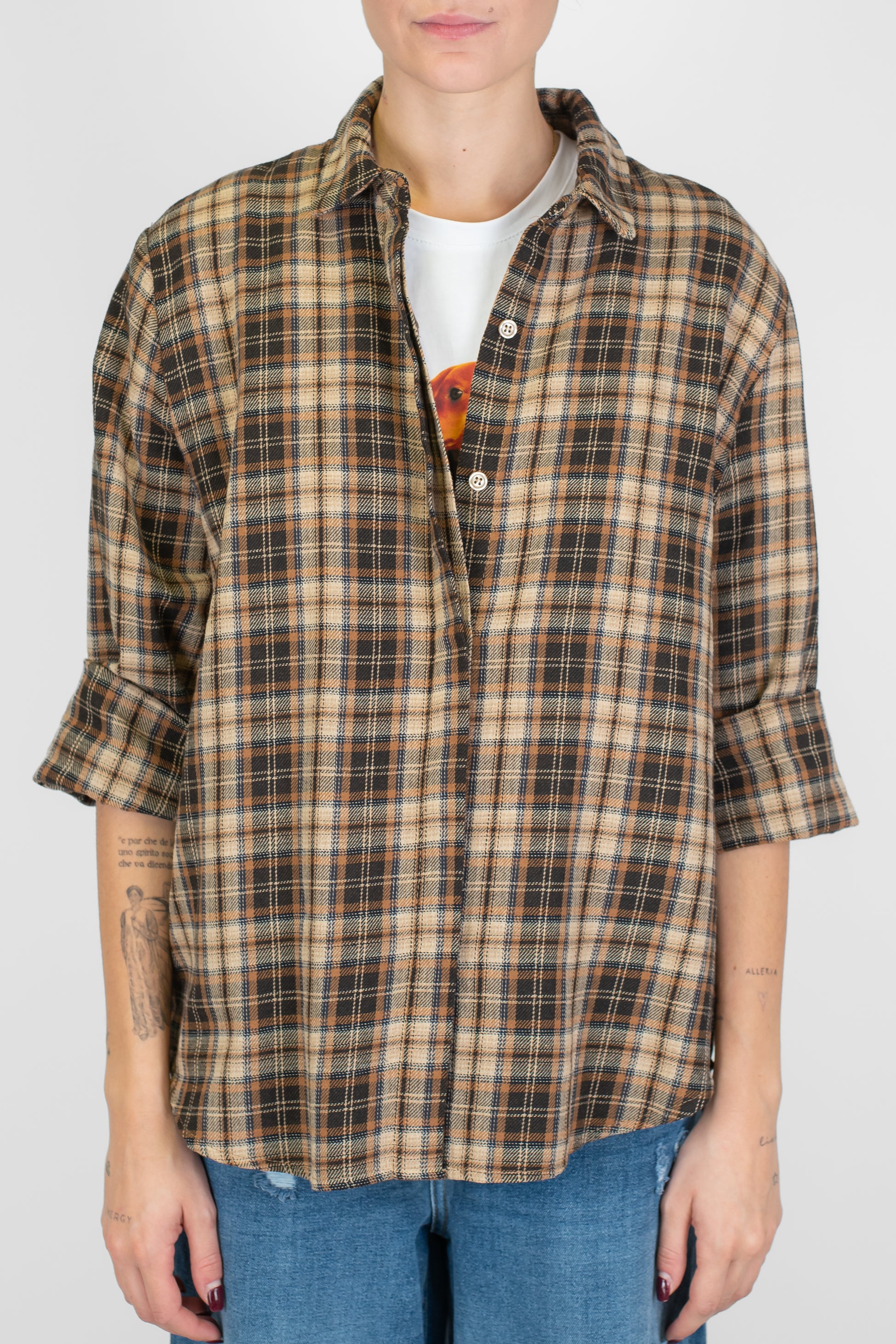 Haveone - Camicia fantasia quadri con asimmetria fronte-retro