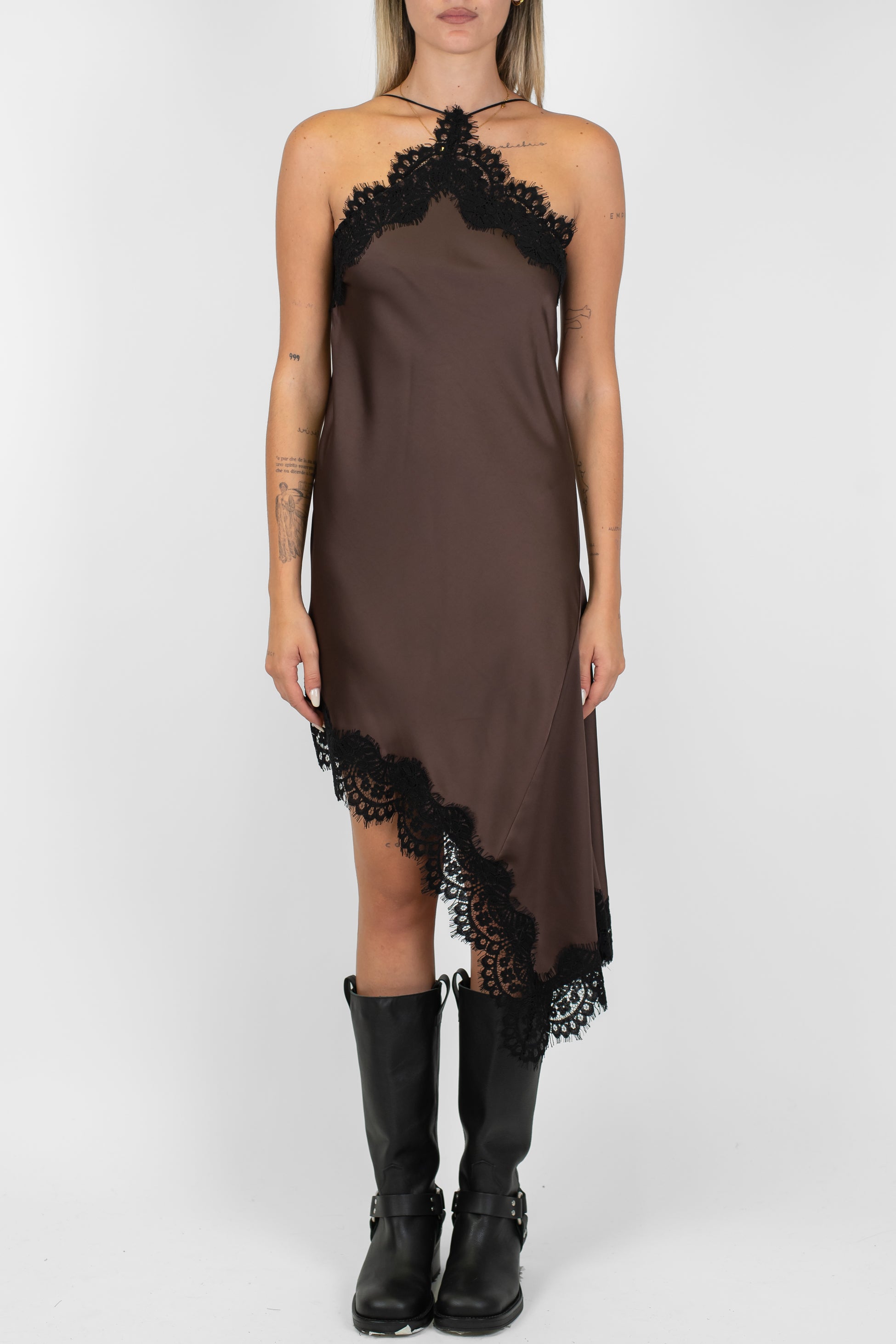 Motel - Abito corto in satin con profili in pizzo e asimmetria laterale