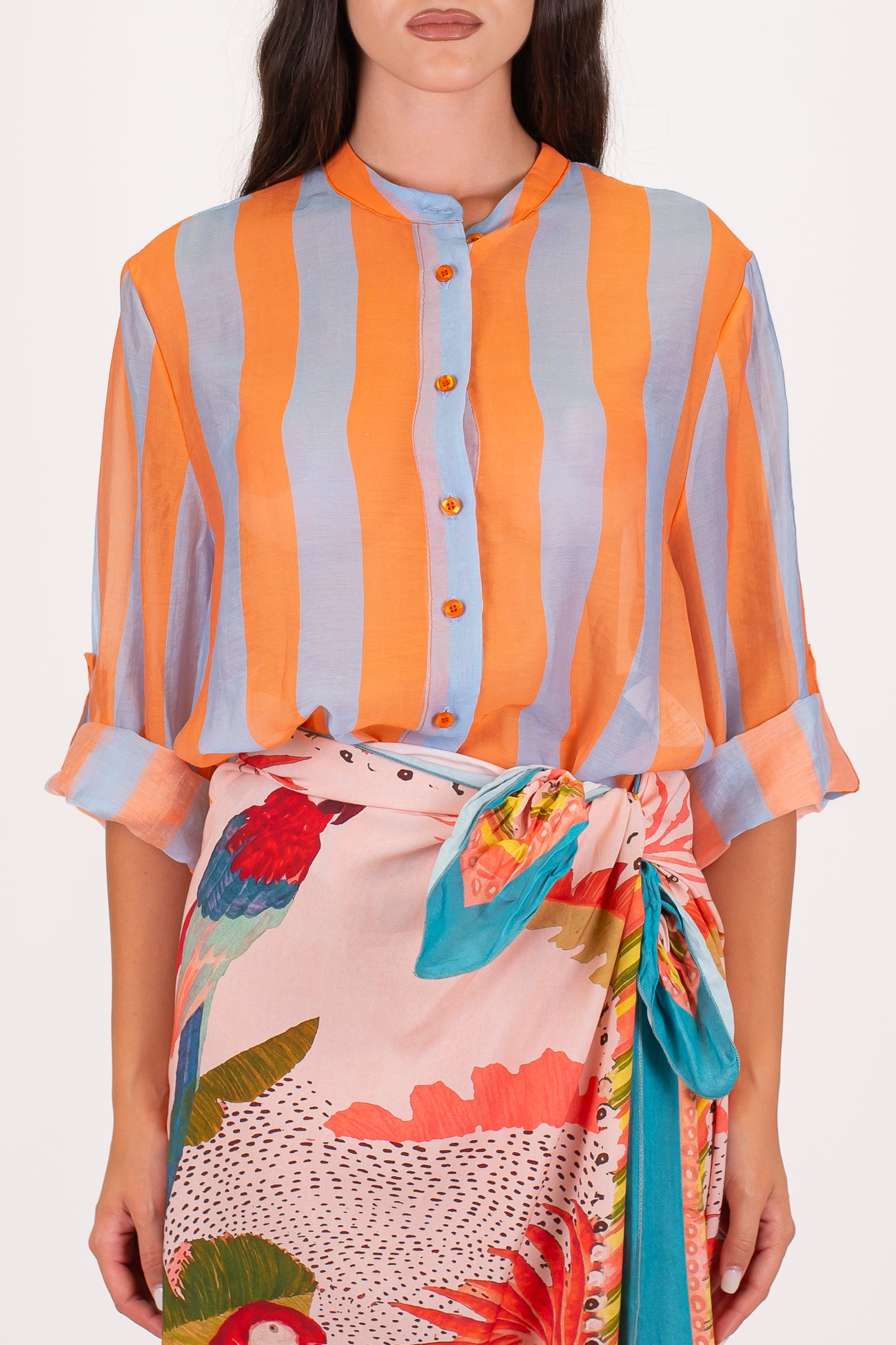 Haveone - Camicia fantasia a righe a contrasto in lyocell con manica tre quarti