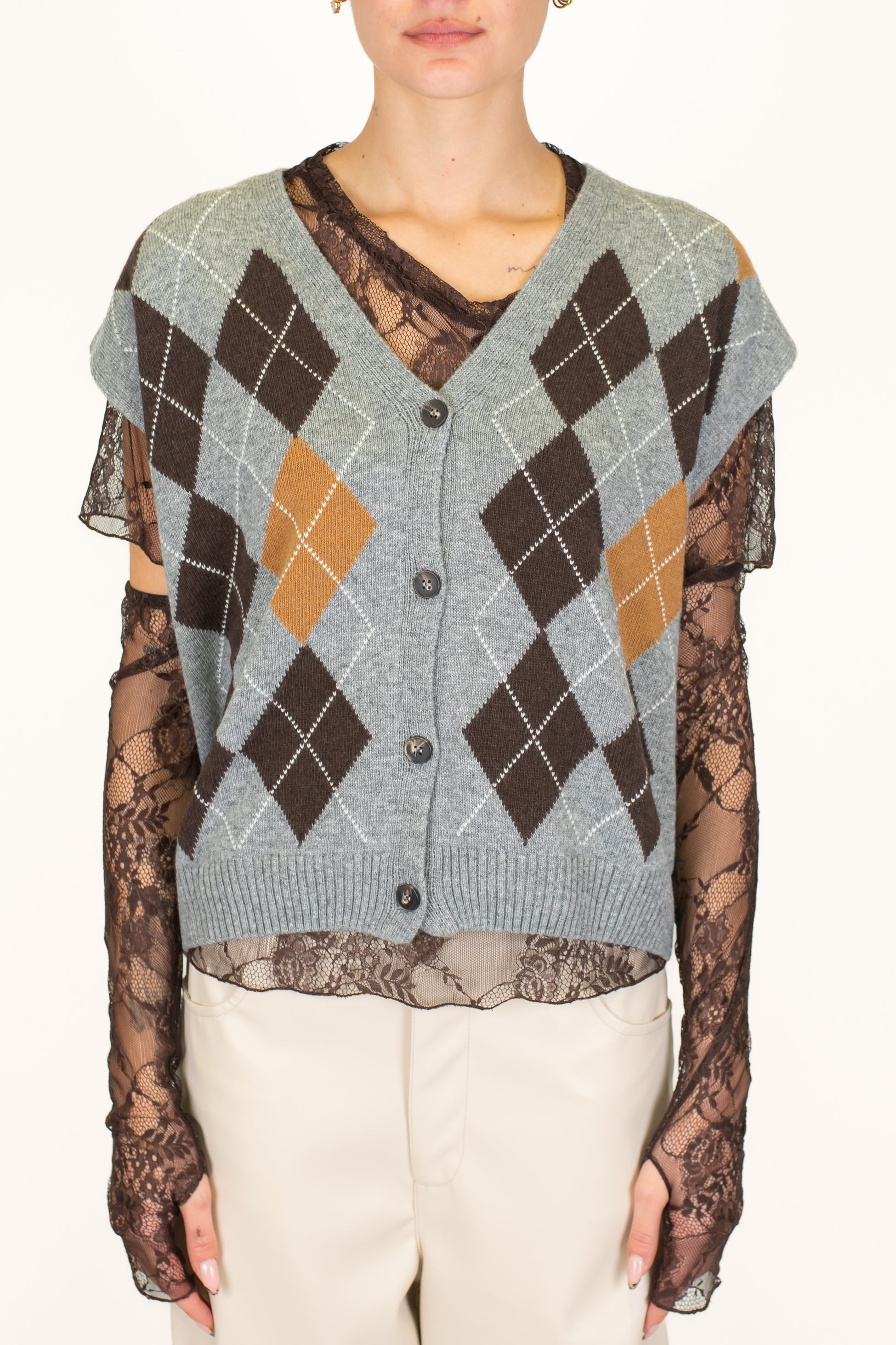 Tensione in - Gilet in maglia fantasia rombi a contrasto