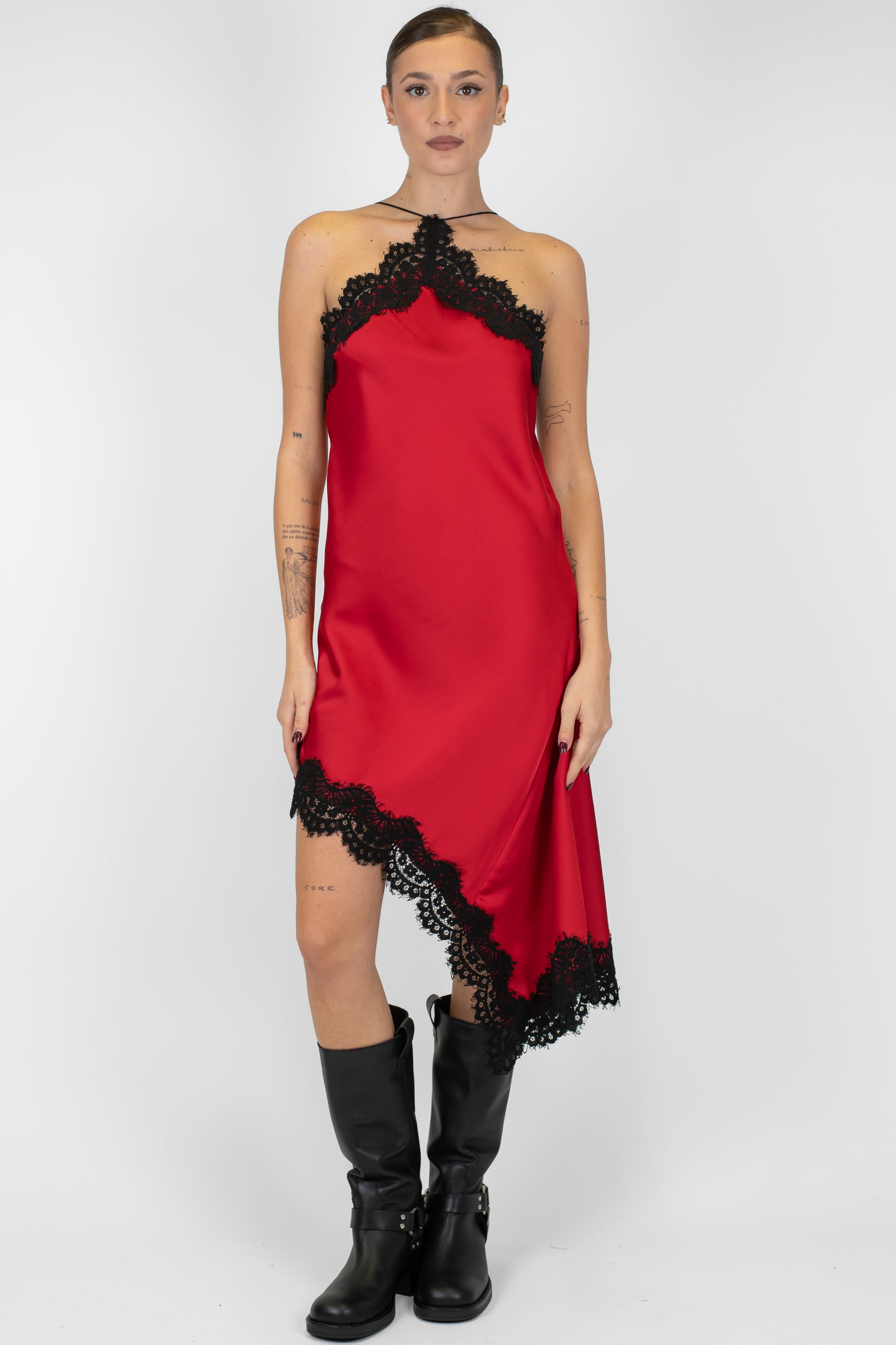 Motel - Abito corto in satin con profili in pizzo e asimmetria laterale