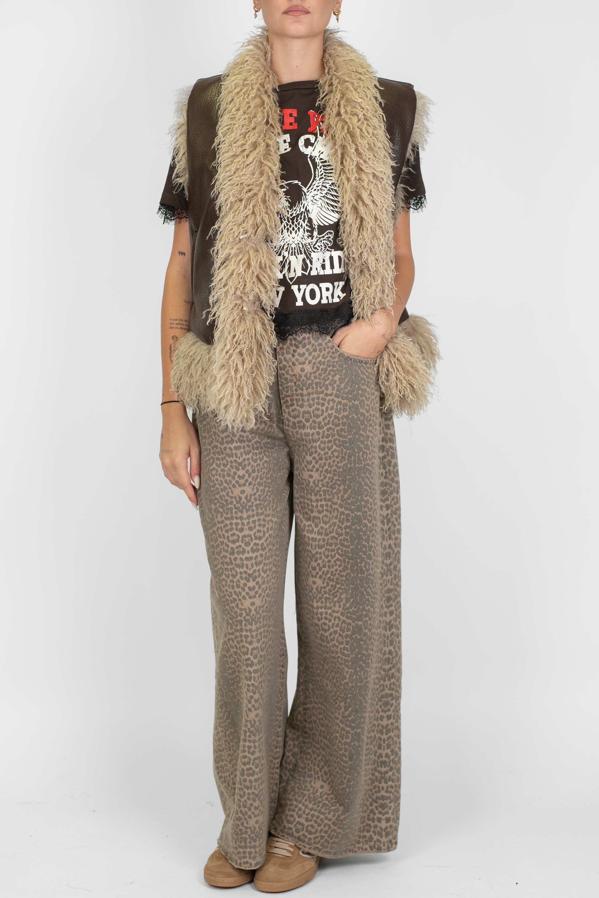 Tensione in - Pantalone palazzo in denim fantasia animalier modello Giusi