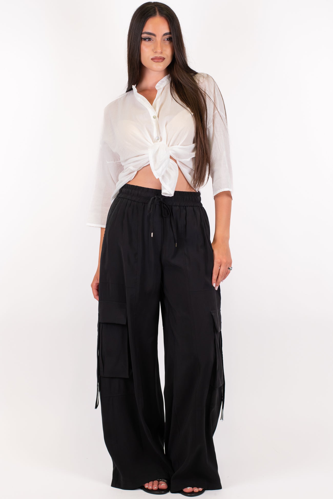 Tensione in - Pantalone palazzo cargo in viscosa leggera con coulisse