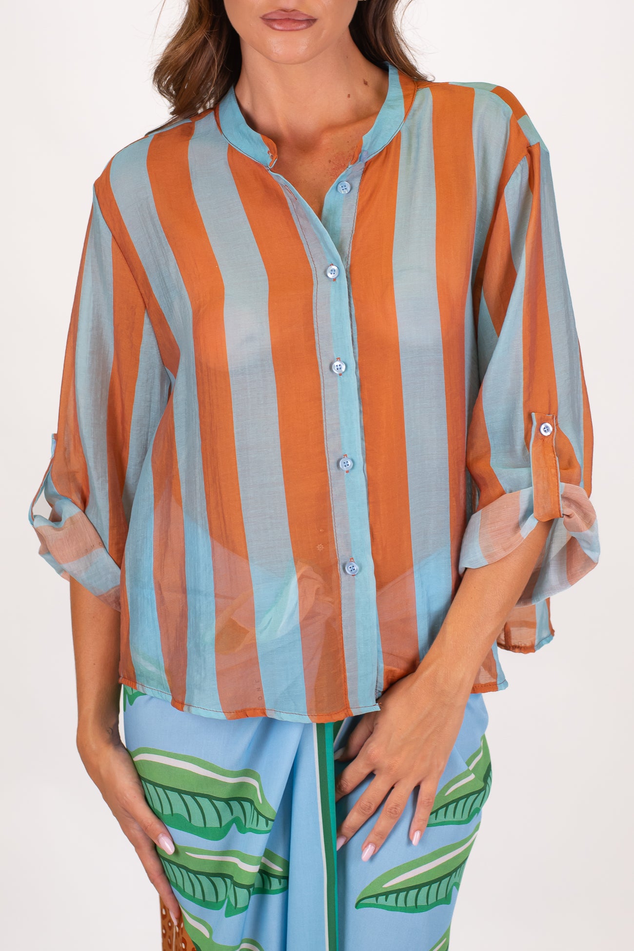 Haveone - Camicia fantasia a righe a contrasto in lyocell con manica tre quarti