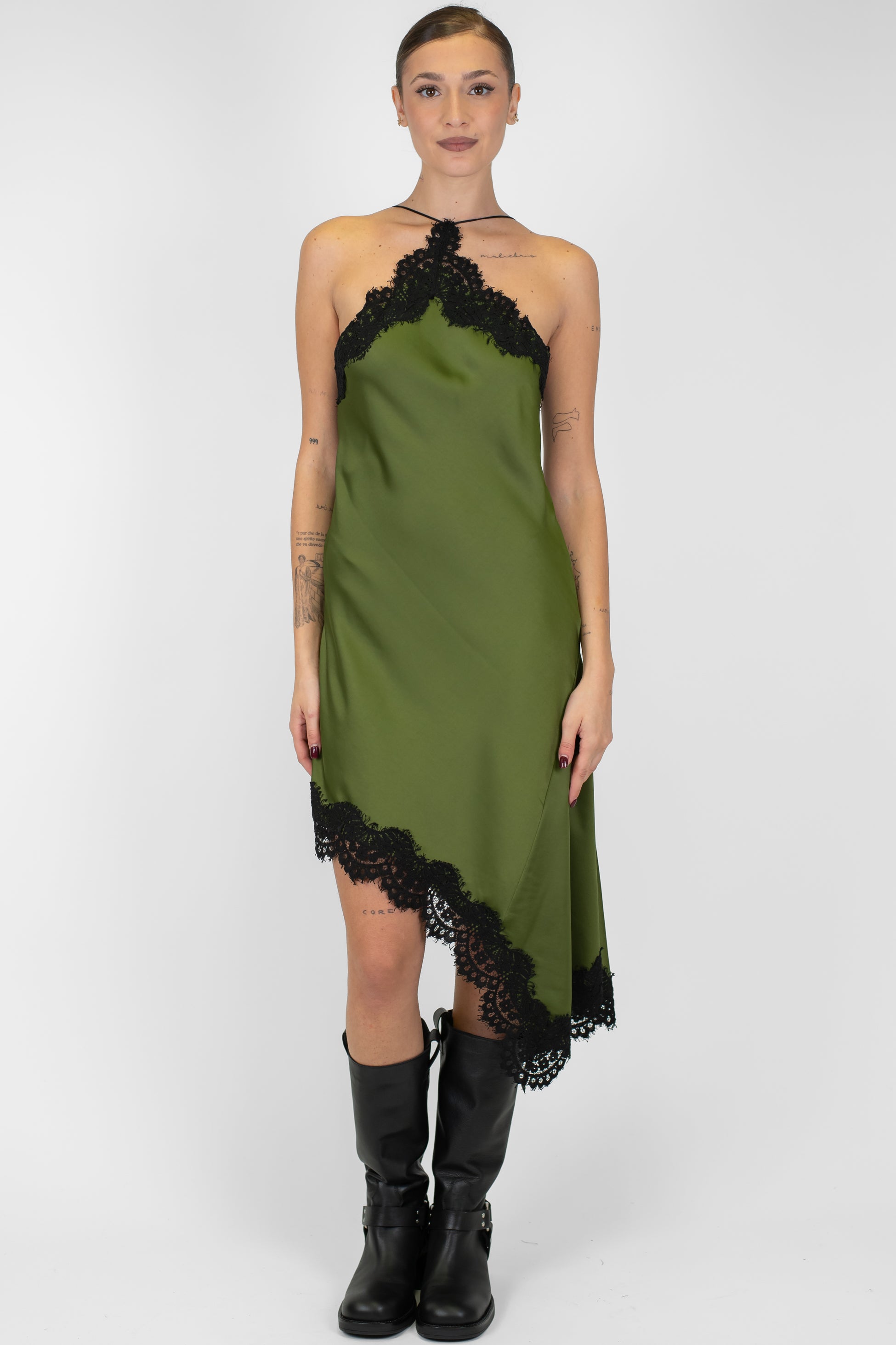 Motel - Abito corto in satin con profili in pizzo e asimmetria laterale