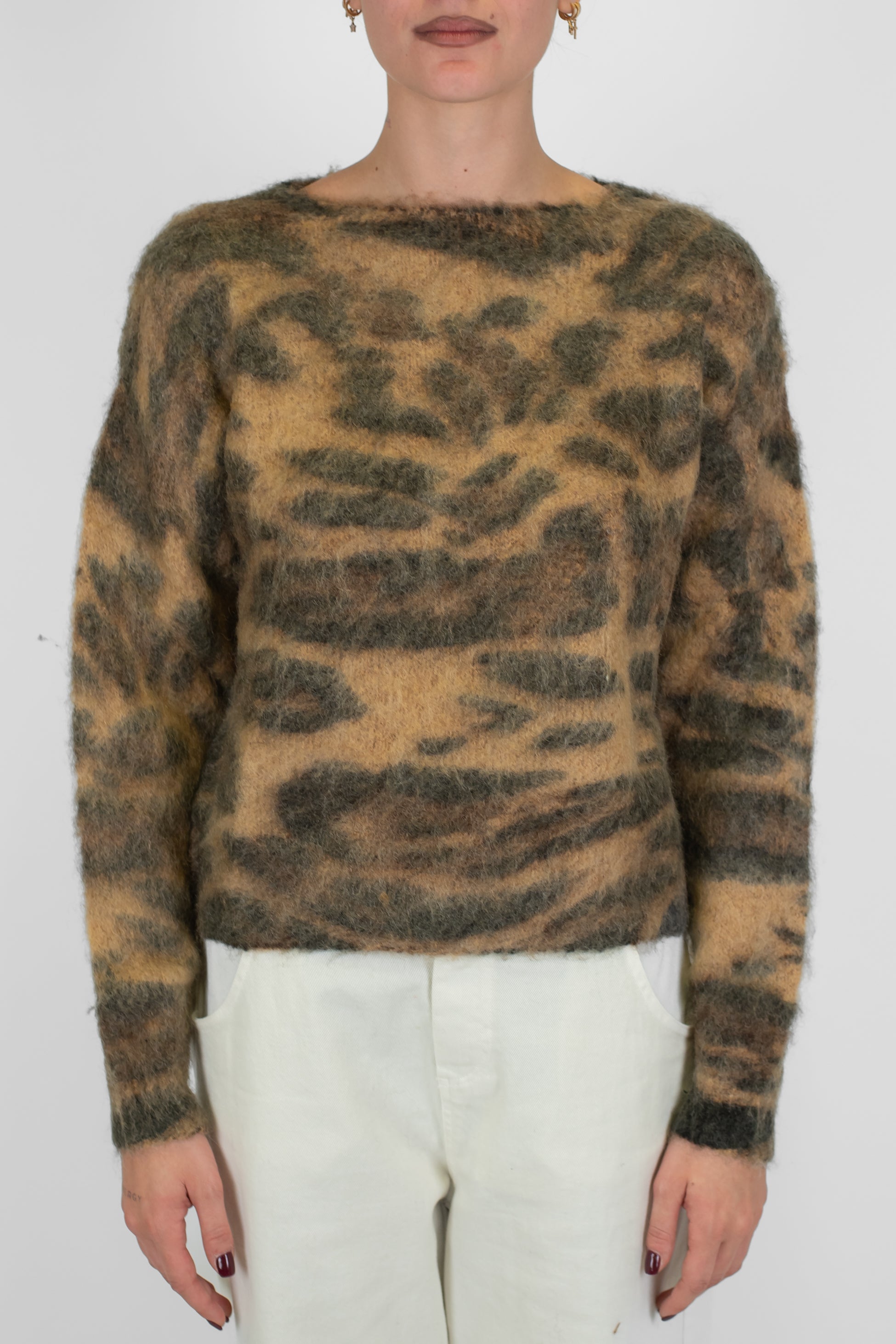 Tensione in - Maglia girocollo fantasia animalier maculata in misto lana mohair