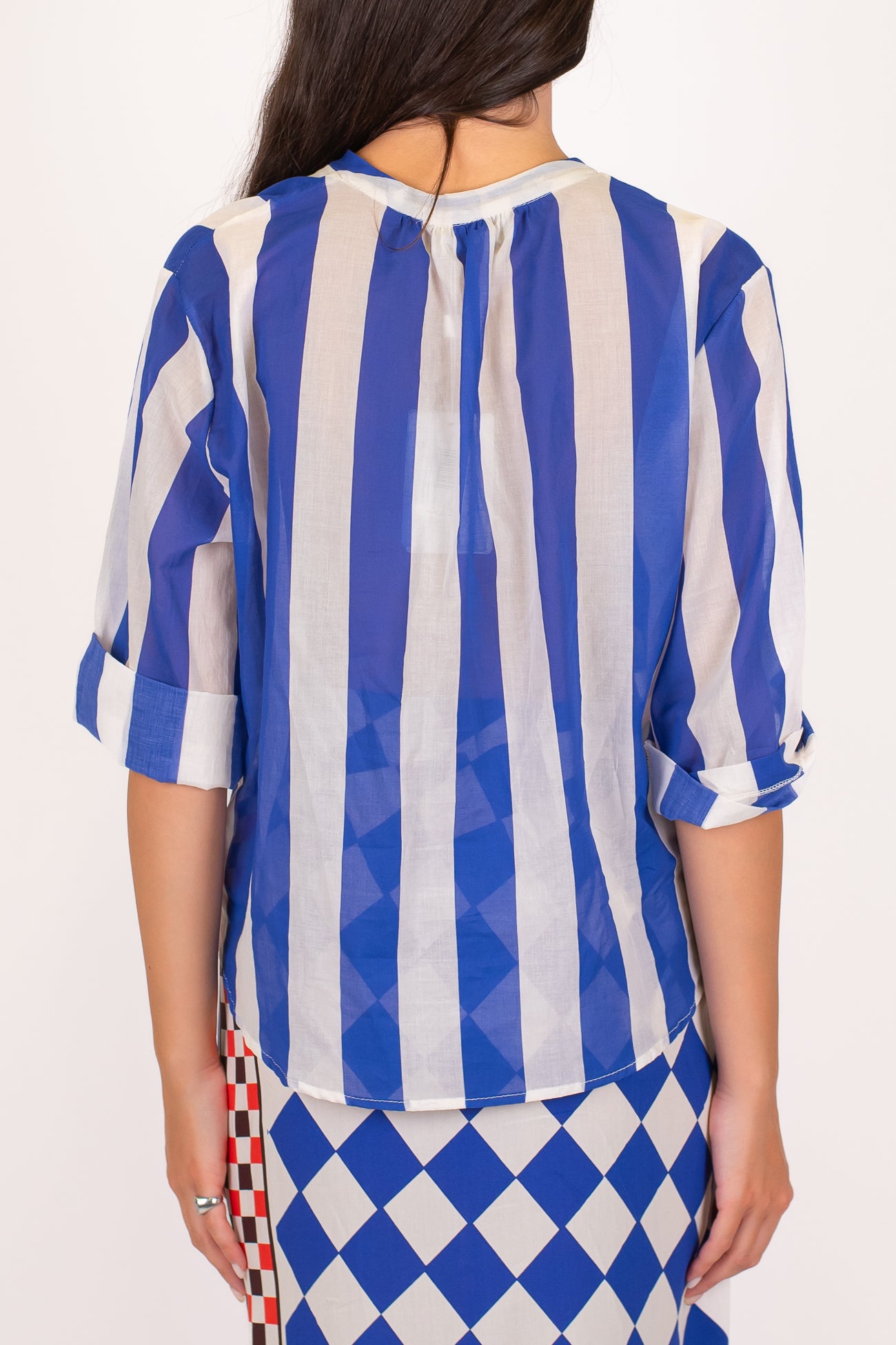 Motel - Camicia fantasia a righe in mussola di cotone con collo coreano