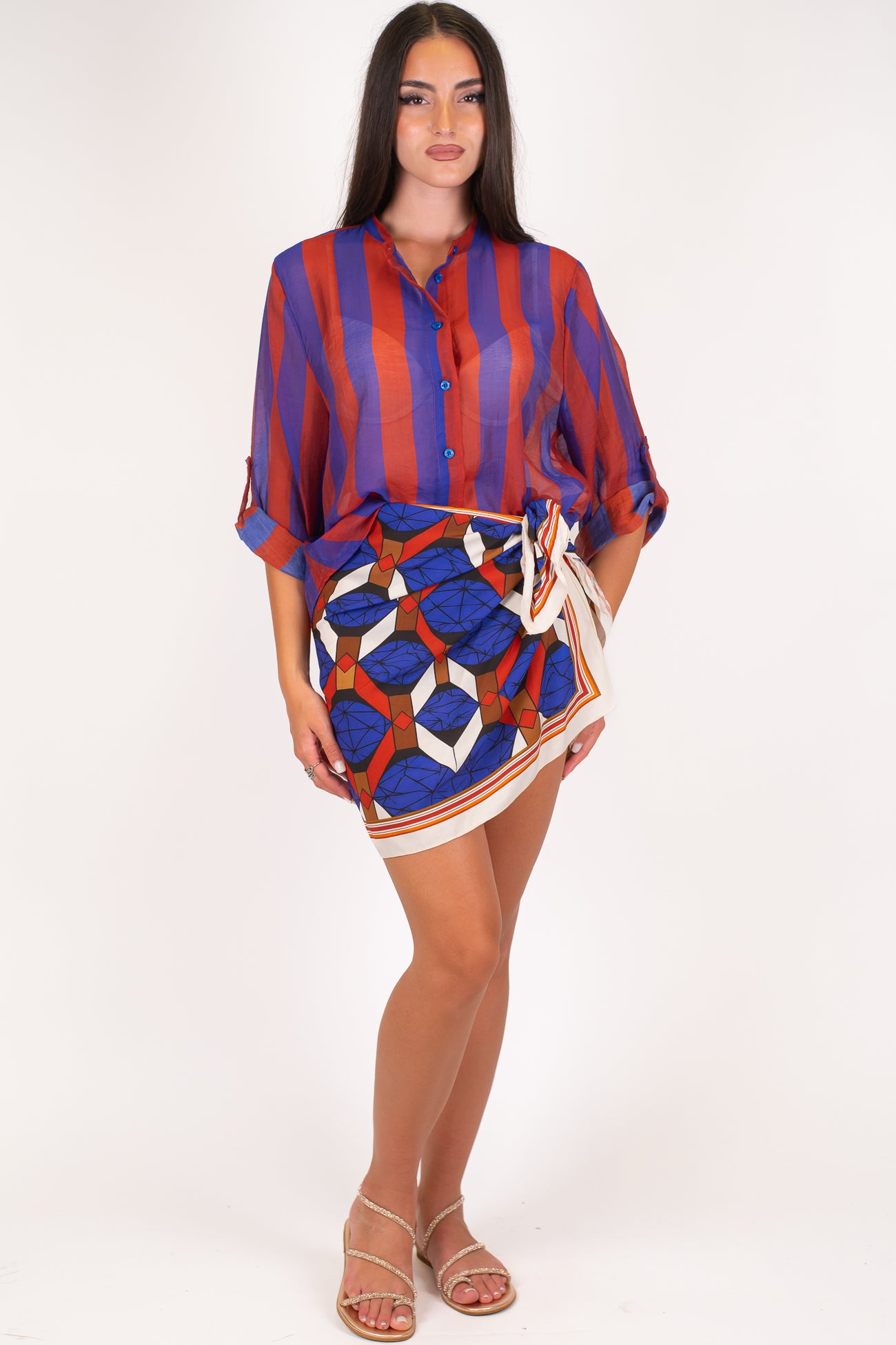 Haveone - Camicia fantasia a righe a contrasto in lyocell con manica tre quarti