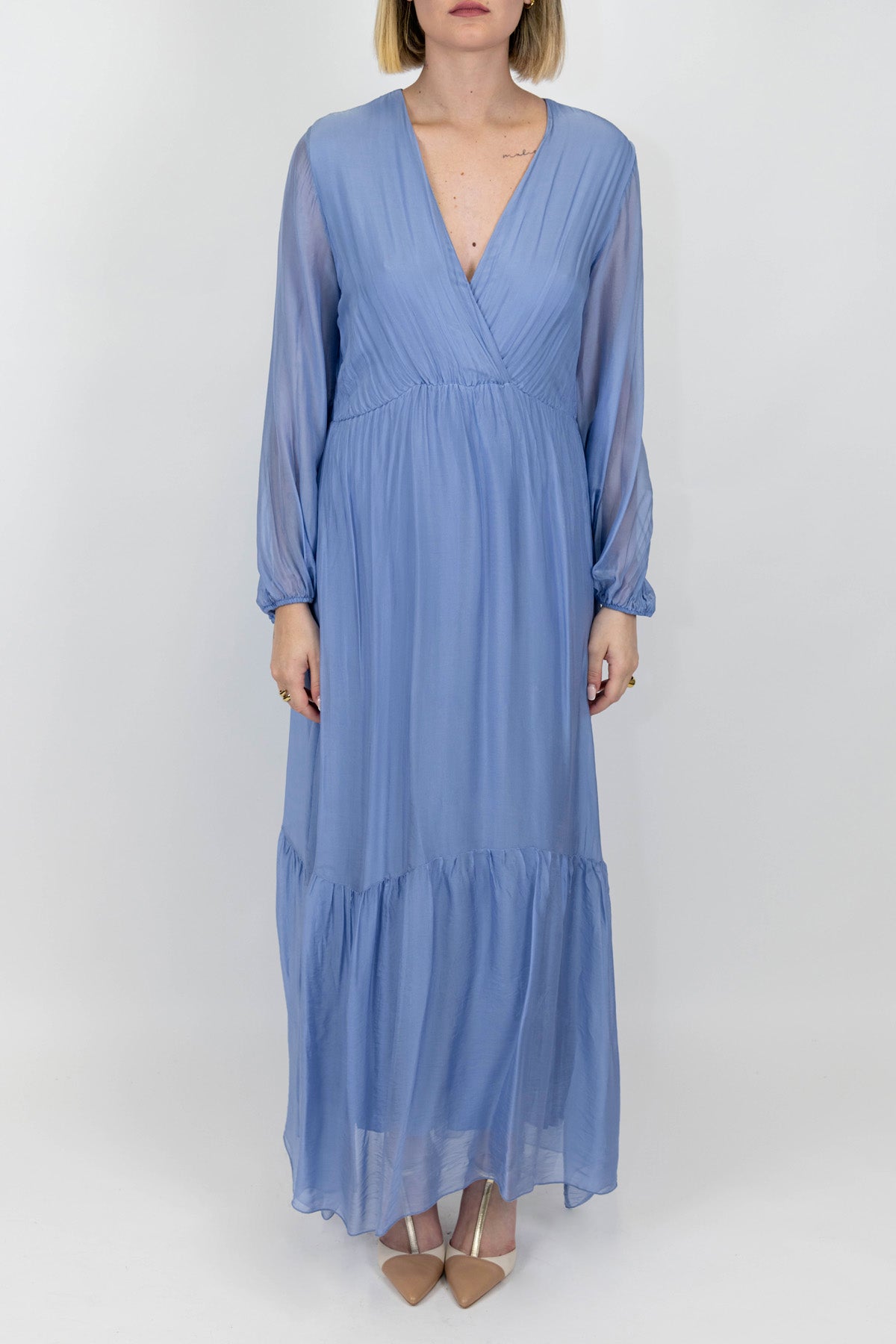 Dixie - Abito lungo in misto seta con scollo a V ed elastico in vita