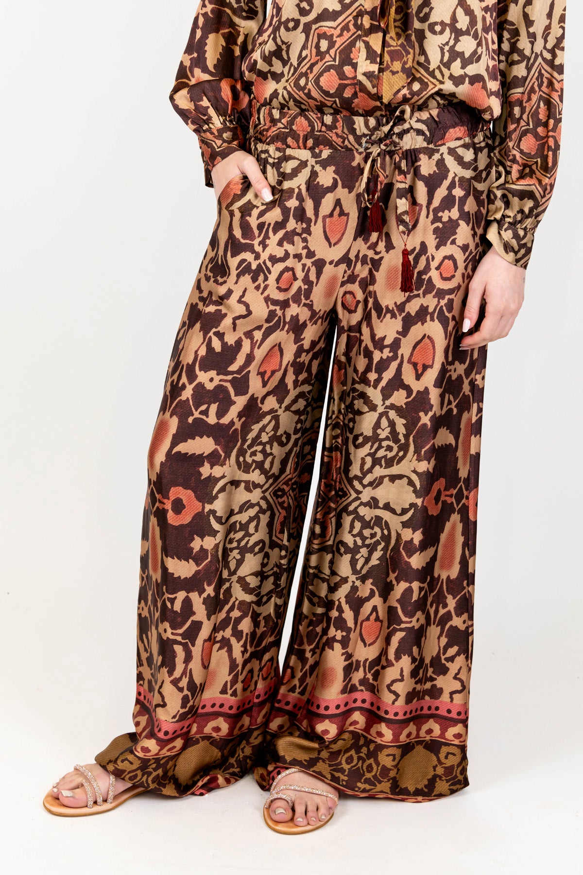 Motel - Pantalone palazzo fantasia astratta in viscosa con coulisse