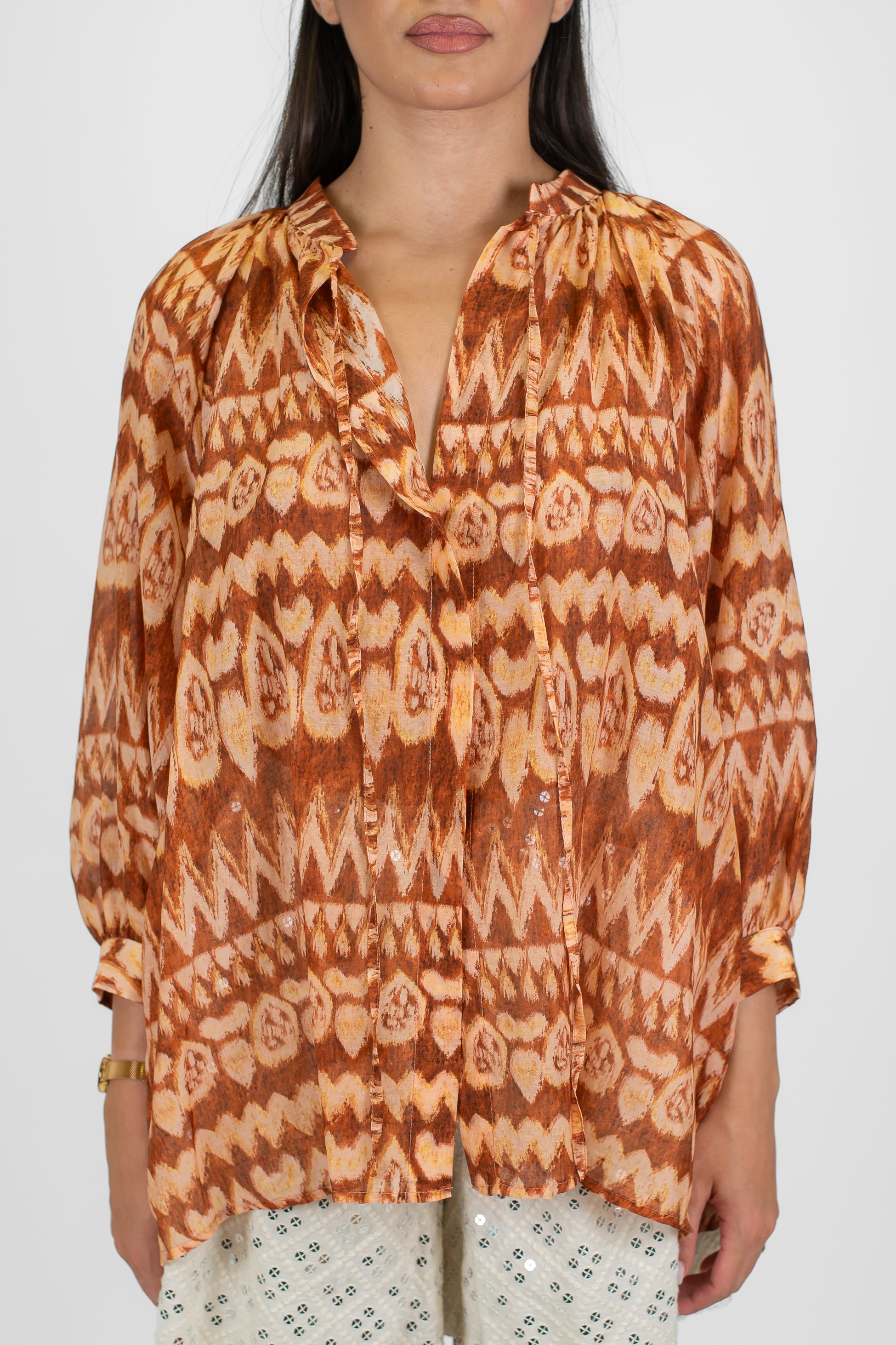 Haveone - Camicia fantasia collo coreano in misto seta