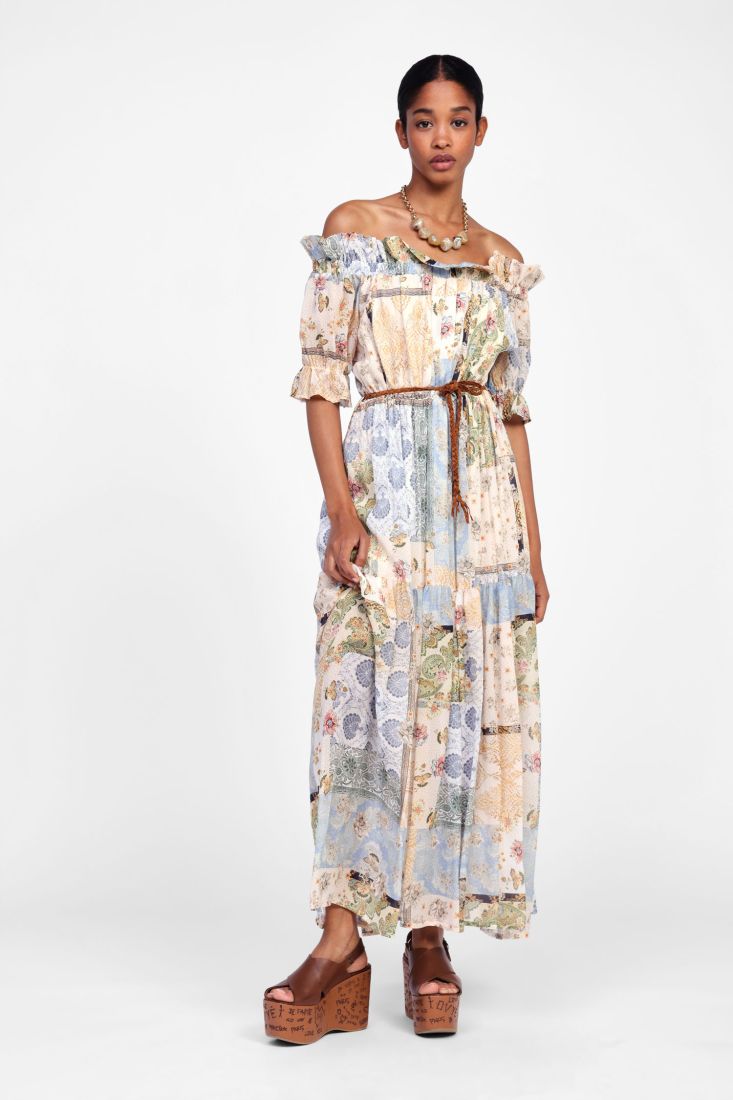 Dixie - Abito lungo in viscosa fantasia scollo schiffer