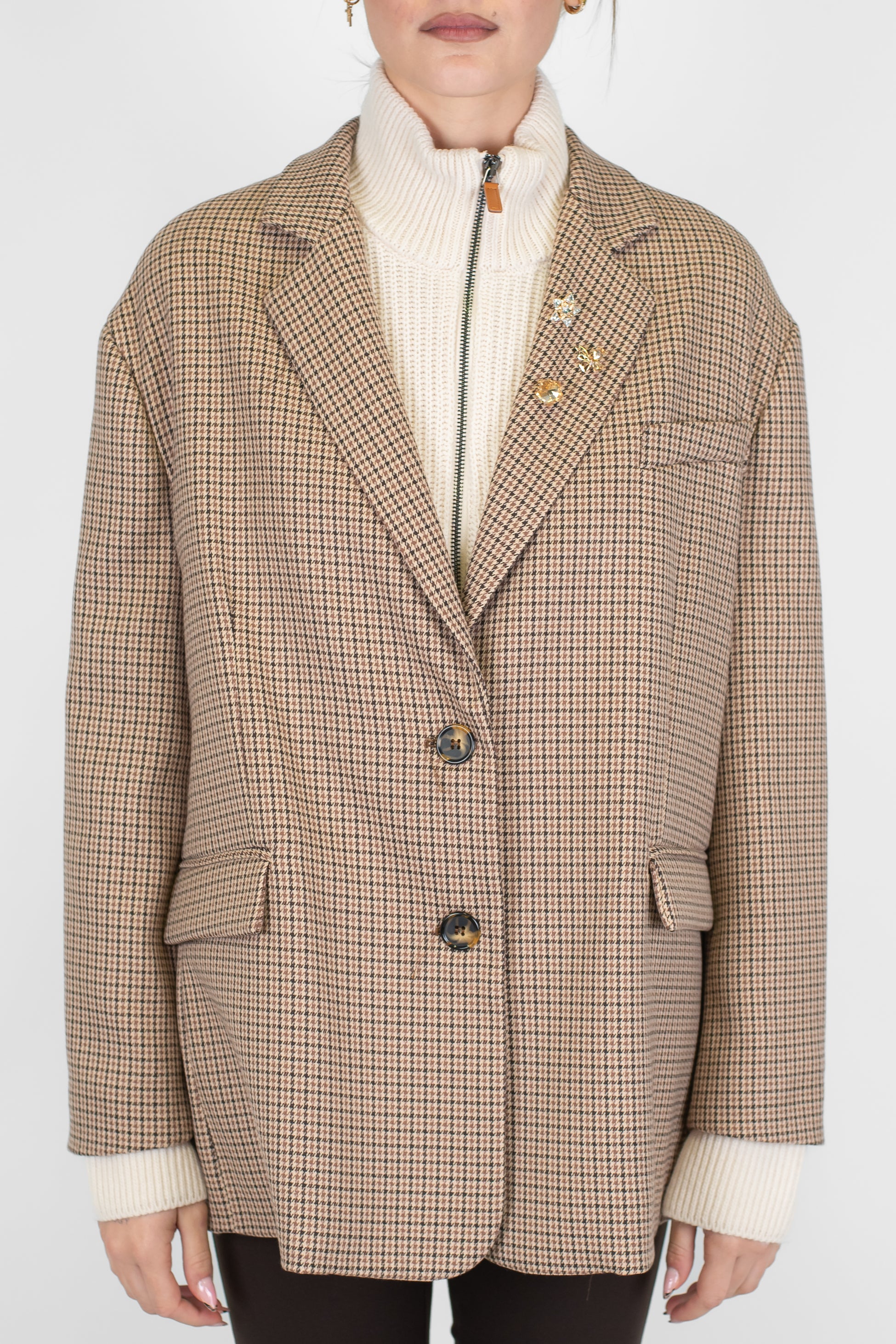 Dixie - Giacca over fantaisa pied de poule con spille gioiello