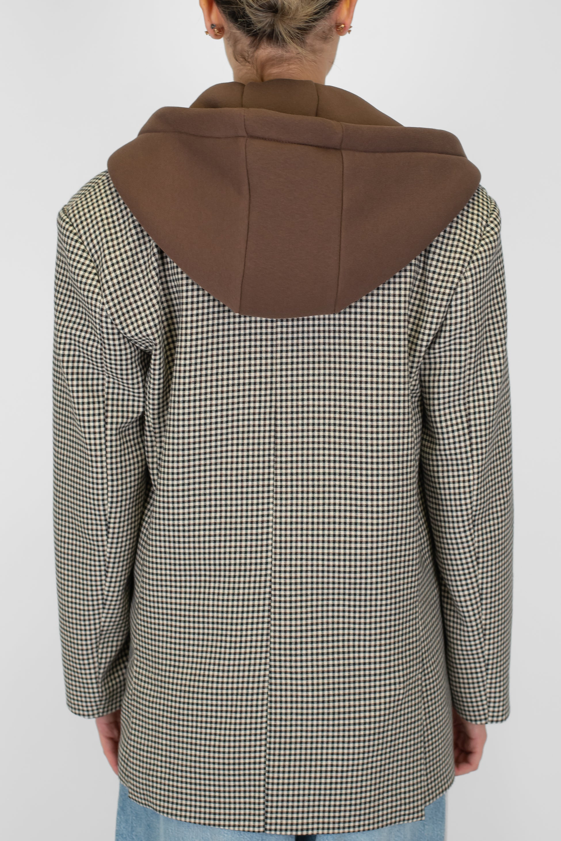 Tensione in - Giacca doppiopetto fantasia quadretti con cappuccio e strass