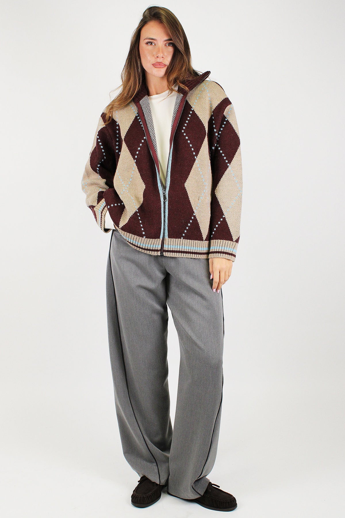 Motel - Cardigan fantasia rombi in misto lana con chiusura zip e profilo a contrasto